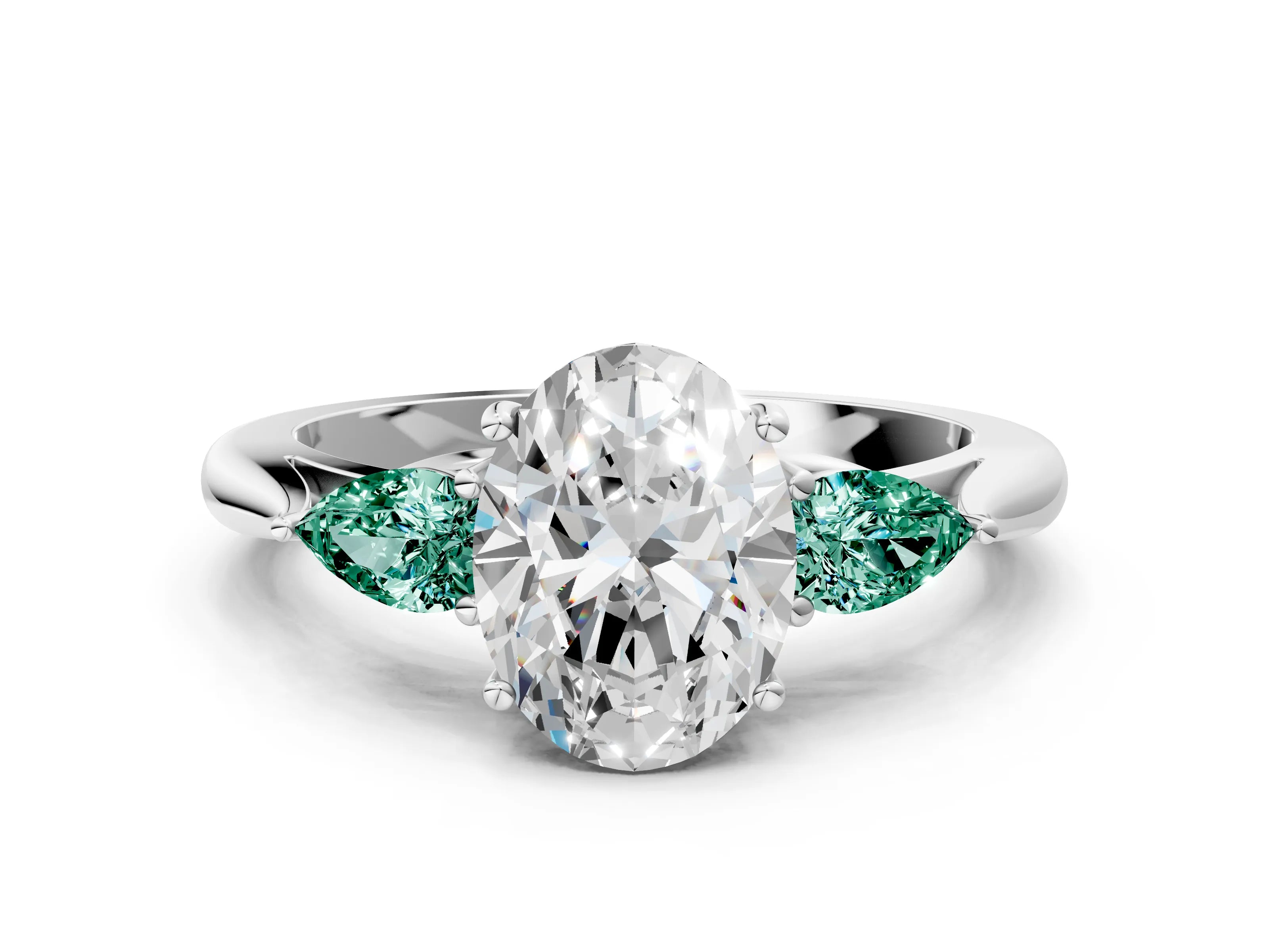 White gold Oval Cut Diamond Three-Stone Ring with Pear with Green Sapphire side stone Side Stones and Prong Setting_48