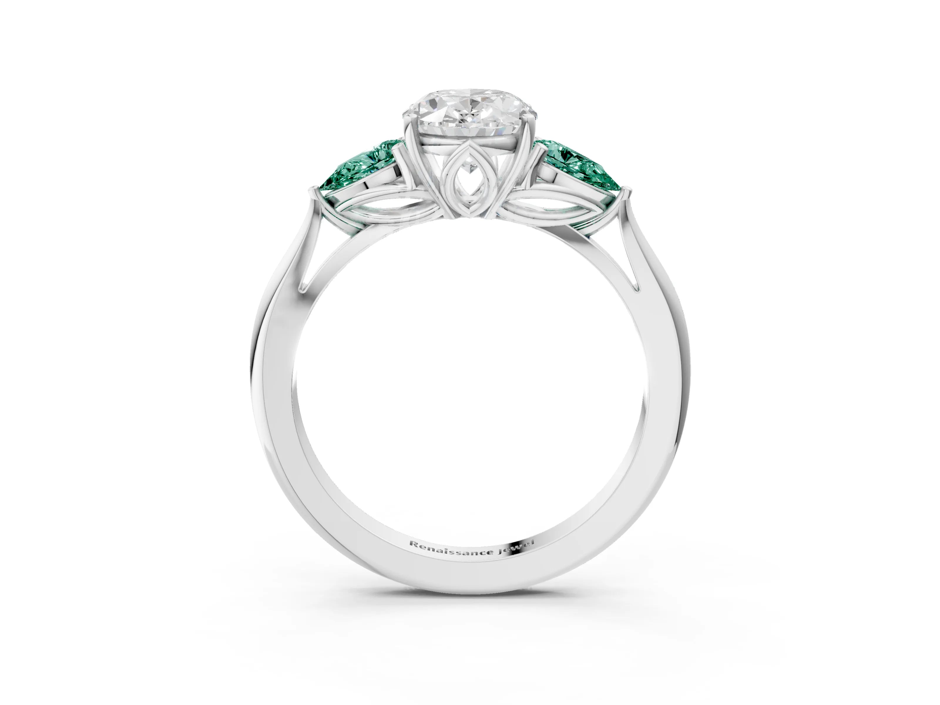 White gold Oval Cut Diamond Three-Stone Ring with Pear with Green Sapphire side stone Side Stones and Prong Setting_48