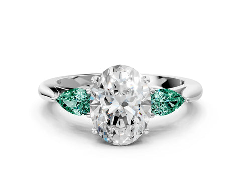 White gold Oval Cut Diamond Three-Stone Ring with Pear with Green Sapphire side stone Side Stones and Prong Setting_48