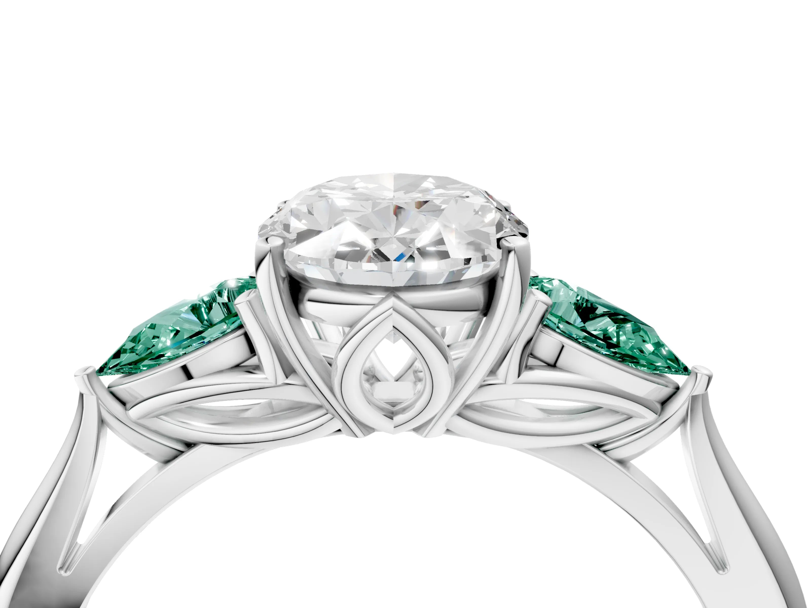 White gold Oval Cut Diamond Three-Stone Ring with Pear with Green Sapphire side stone Side Stones and Prong Setting_49