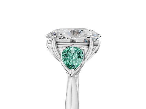 White gold Oval Cut Diamond Three-Stone Ring with Pear with Green Sapphire side stone Side Stones and Prong Setting_50