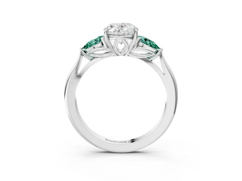 White gold Oval Cut Diamond Three-Stone Ring with Pear with Green Sapphire side stone Side Stones and Prong Setting_51