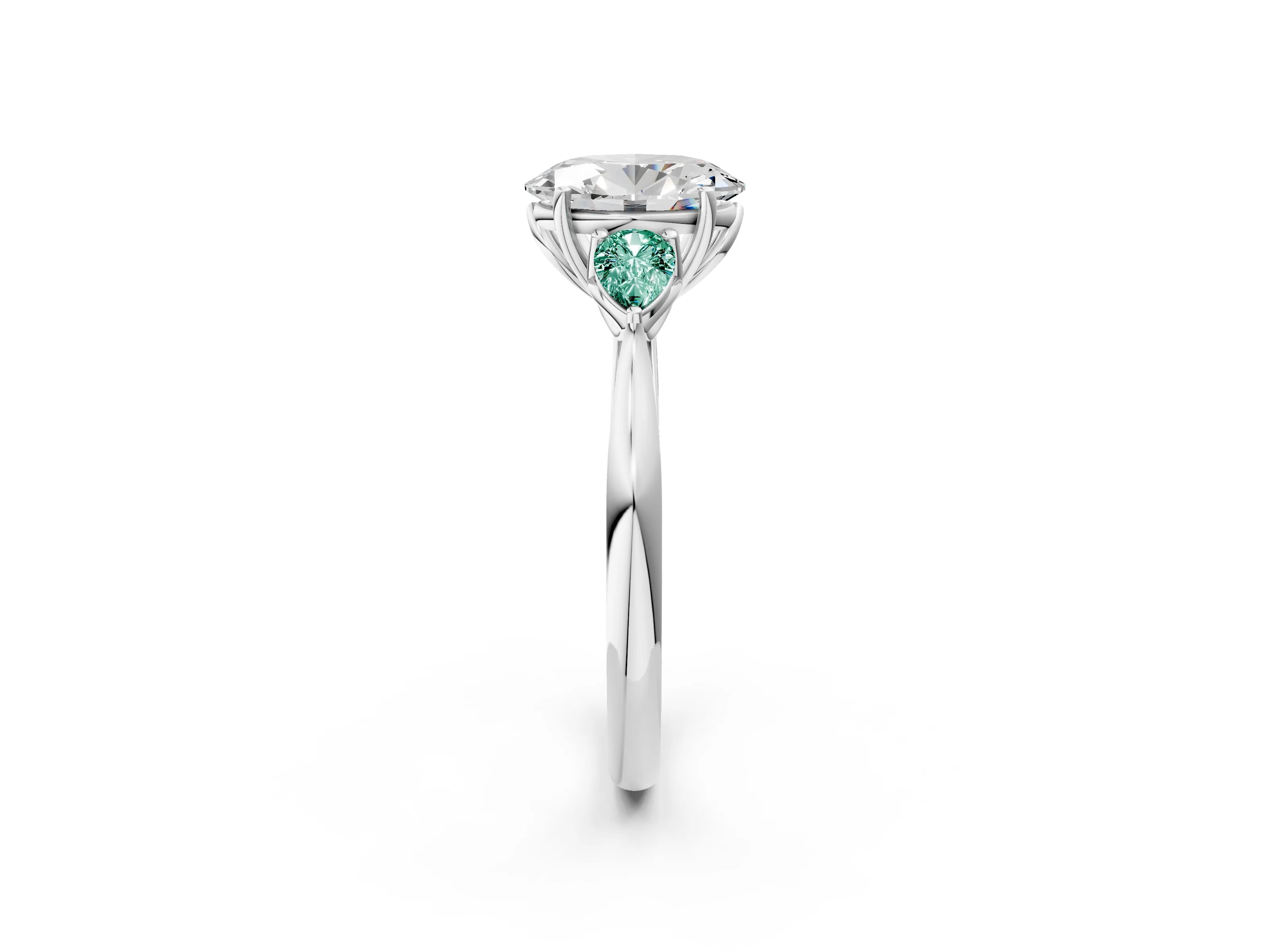 White gold Oval Cut Diamond Three-Stone Ring with Pear with Green Sapphire side stone Side Stones and Prong Setting_56