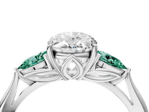 White gold Oval Cut Diamond Three-Stone Ring with Pear with Green Sapphire side stone Side Stones and Prong Setting_58