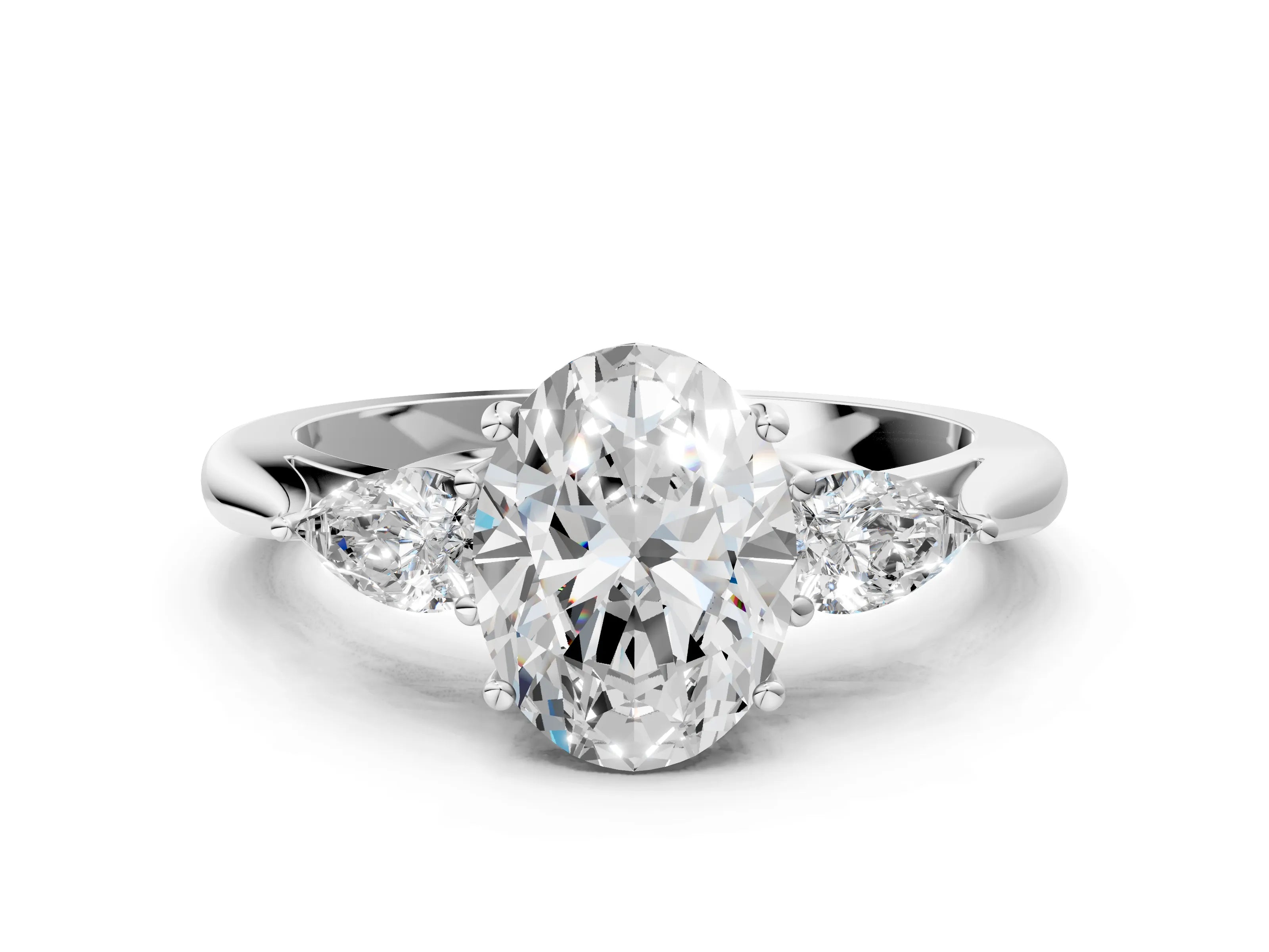 White gold Oval Cut Diamond Three-Stone Ring with Pear with Moissanite side stone Side Stones and Prong Setting_12