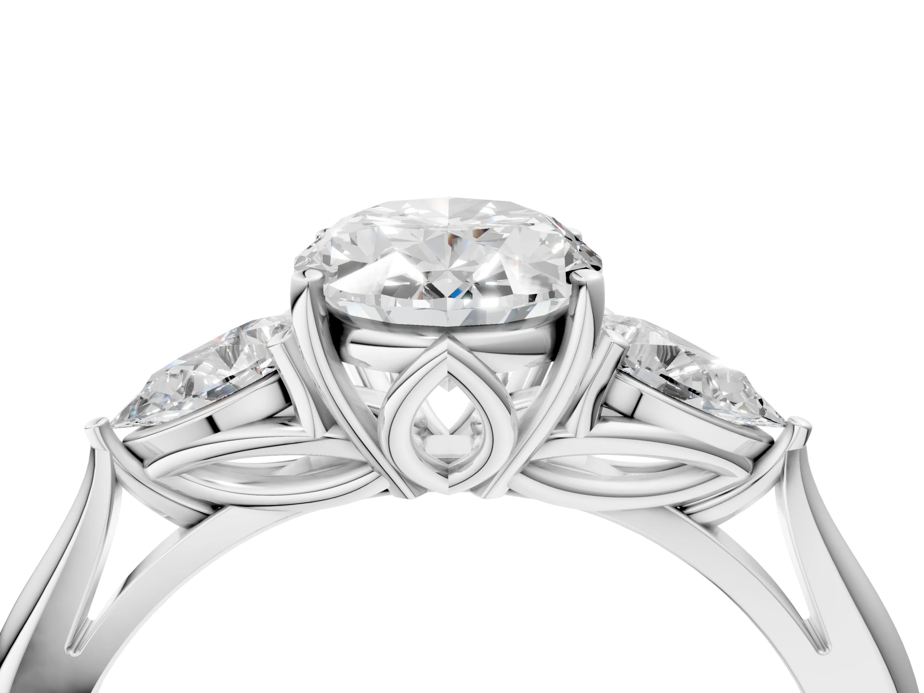 White gold Oval Cut Diamond Three-Stone Ring with Pear with Moissanite side stone Side Stones and Prong Setting_16