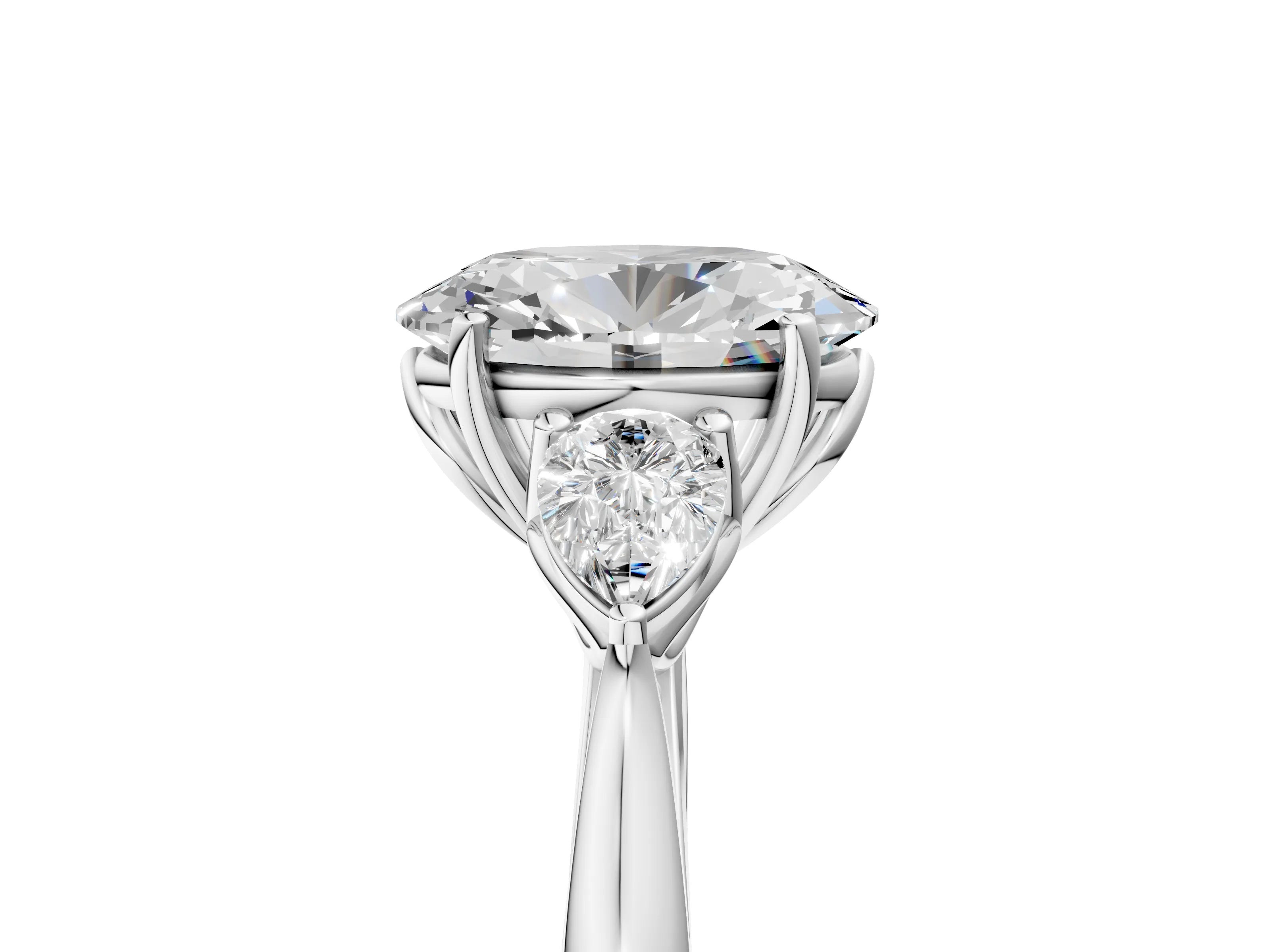 White gold Oval Cut Diamond Three-Stone Ring with Pear with Moissanite side stone Side Stones and Prong Setting_17