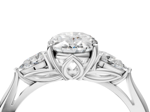 White gold Oval Cut Diamond Three-Stone Ring with Pear with Moissanite side stone Side Stones and Prong Setting_28