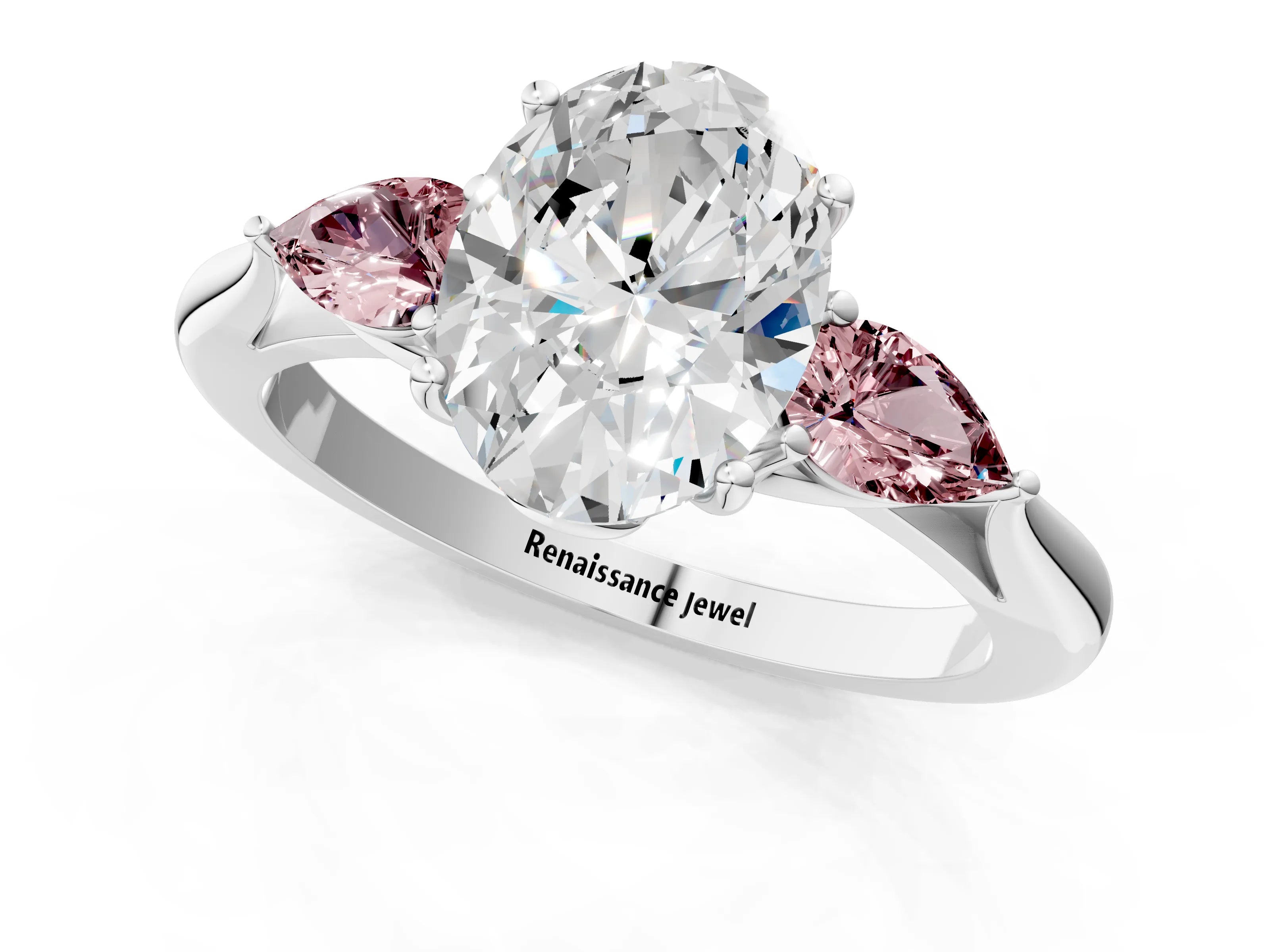 White gold Oval Cut Diamond Three-Stone Ring with Pear with Morganite side stone Side Stones and Prong Setting_1