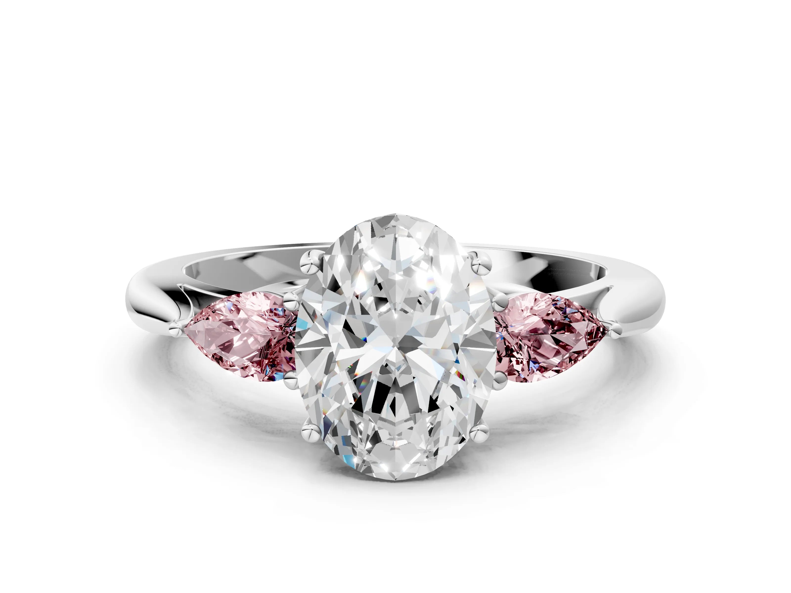 White gold Oval Cut Diamond Three-Stone Ring with Pear with Morganite side stone Side Stones and Prong Setting_12