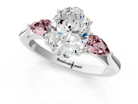 White gold Oval Cut Diamond Three-Stone Ring with Pear with Morganite side stone Side Stones and Prong Setting_1