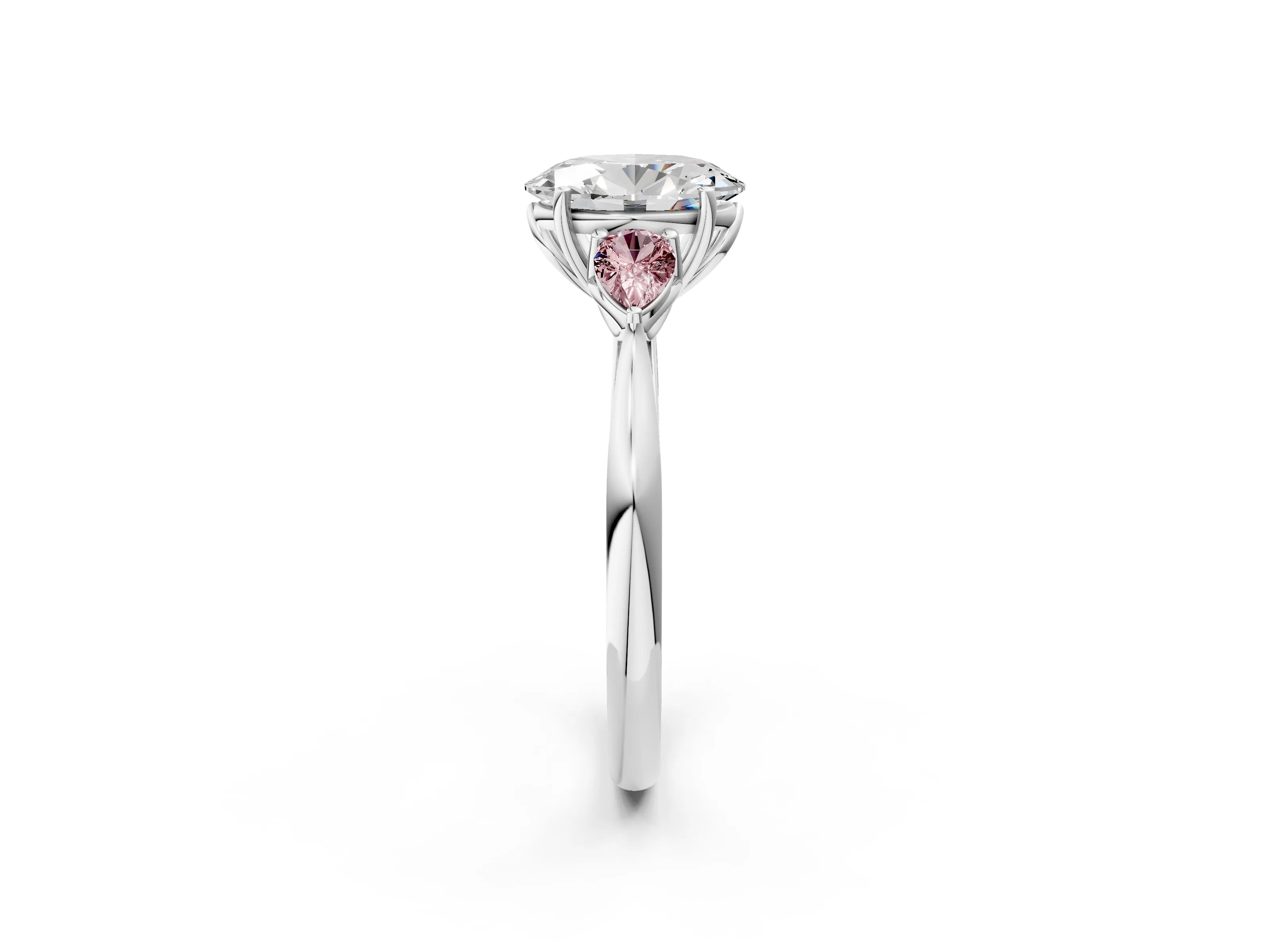White gold Oval Cut Diamond Three-Stone Ring with Pear with Morganite side stone Side Stones and Prong Setting_2