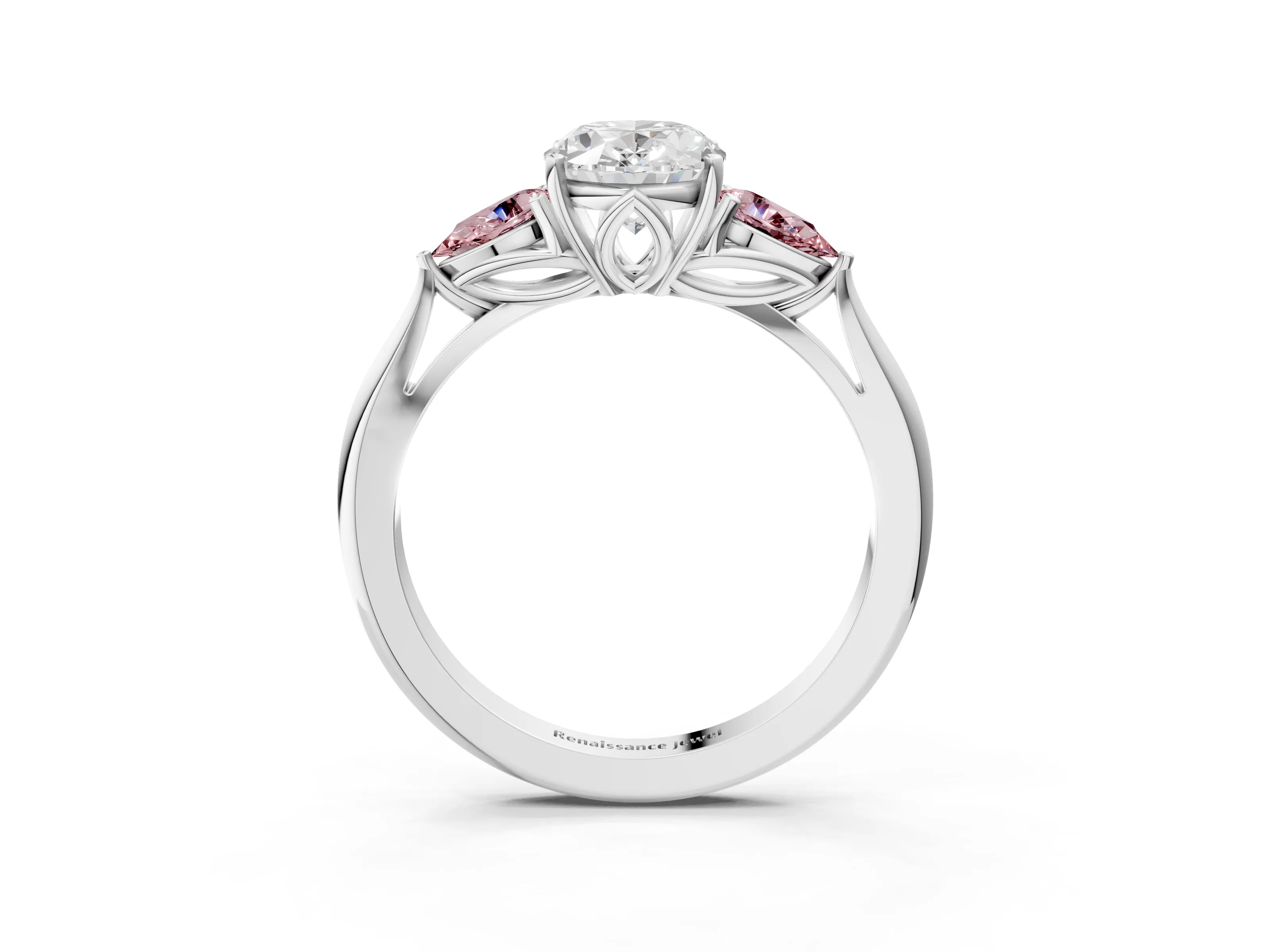 White gold Oval Cut Diamond Three-Stone Ring with Pear with Morganite side stone Side Stones and Prong Setting_3