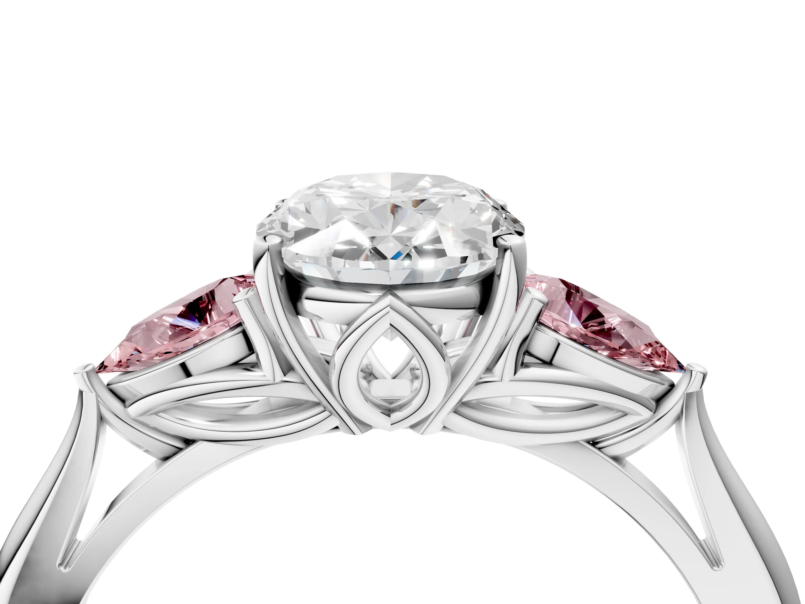 White gold Oval Cut Diamond Three-Stone Ring with Pear with Morganite side stone Side Stones and Prong Setting_4