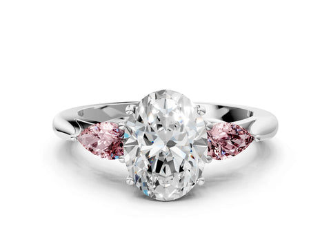 White gold Oval Cut Diamond Three-Stone Ring with Pear with Morganite side stone Side Stones and Prong Setting