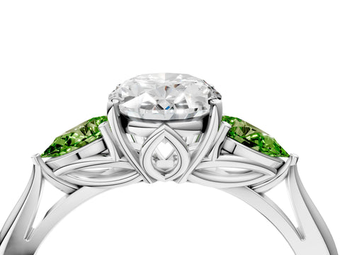 White gold Oval Cut Diamond Three-Stone Ring with Pear with Peridot side stone Side Stones and Prong Setting_10