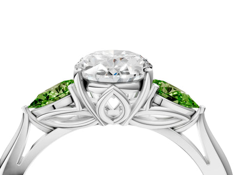 White gold Oval Cut Diamond Three-Stone Ring with Pear with Peridot side stone Side Stones and Prong Setting_16