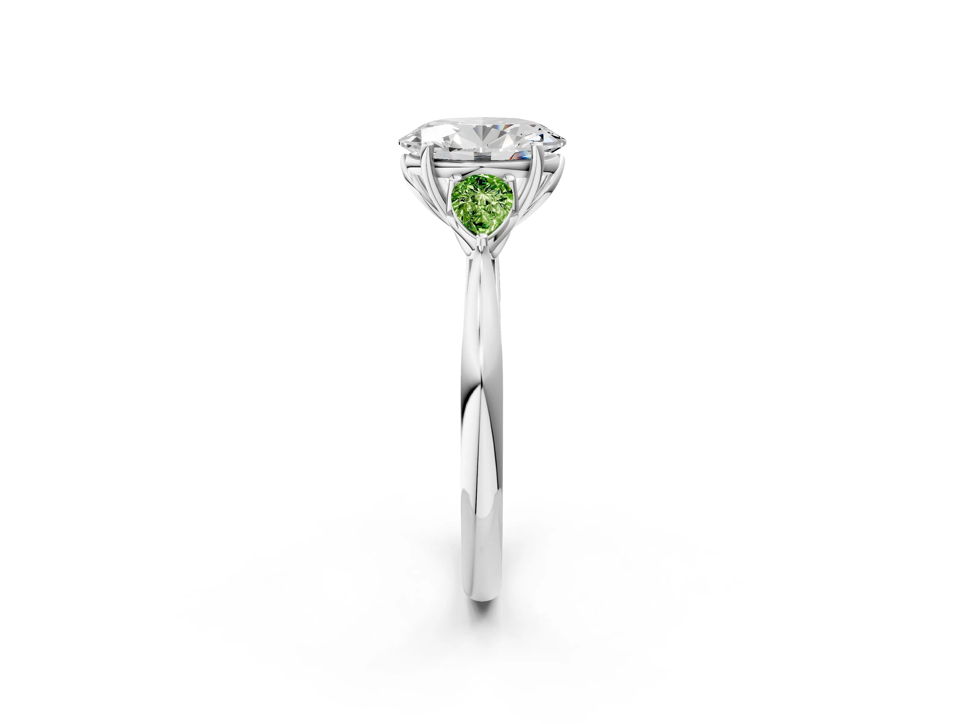 White gold Oval Cut Diamond Three-Stone Ring with Pear with Peridot side stone Side Stones and Prong Setting_2