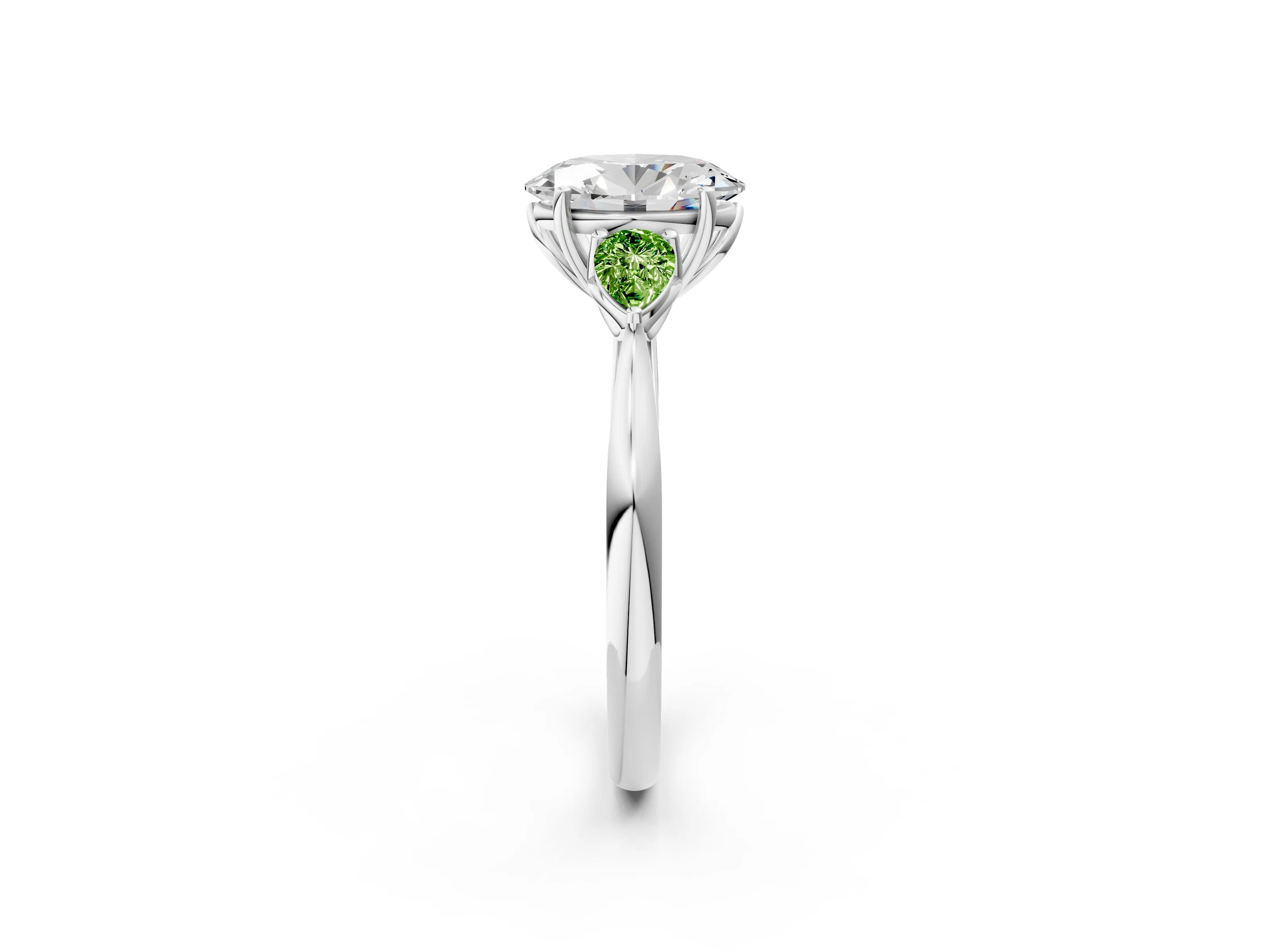 White gold Oval Cut Diamond Three-Stone Ring with Pear with Peridot side stone Side Stones and Prong Setting_20