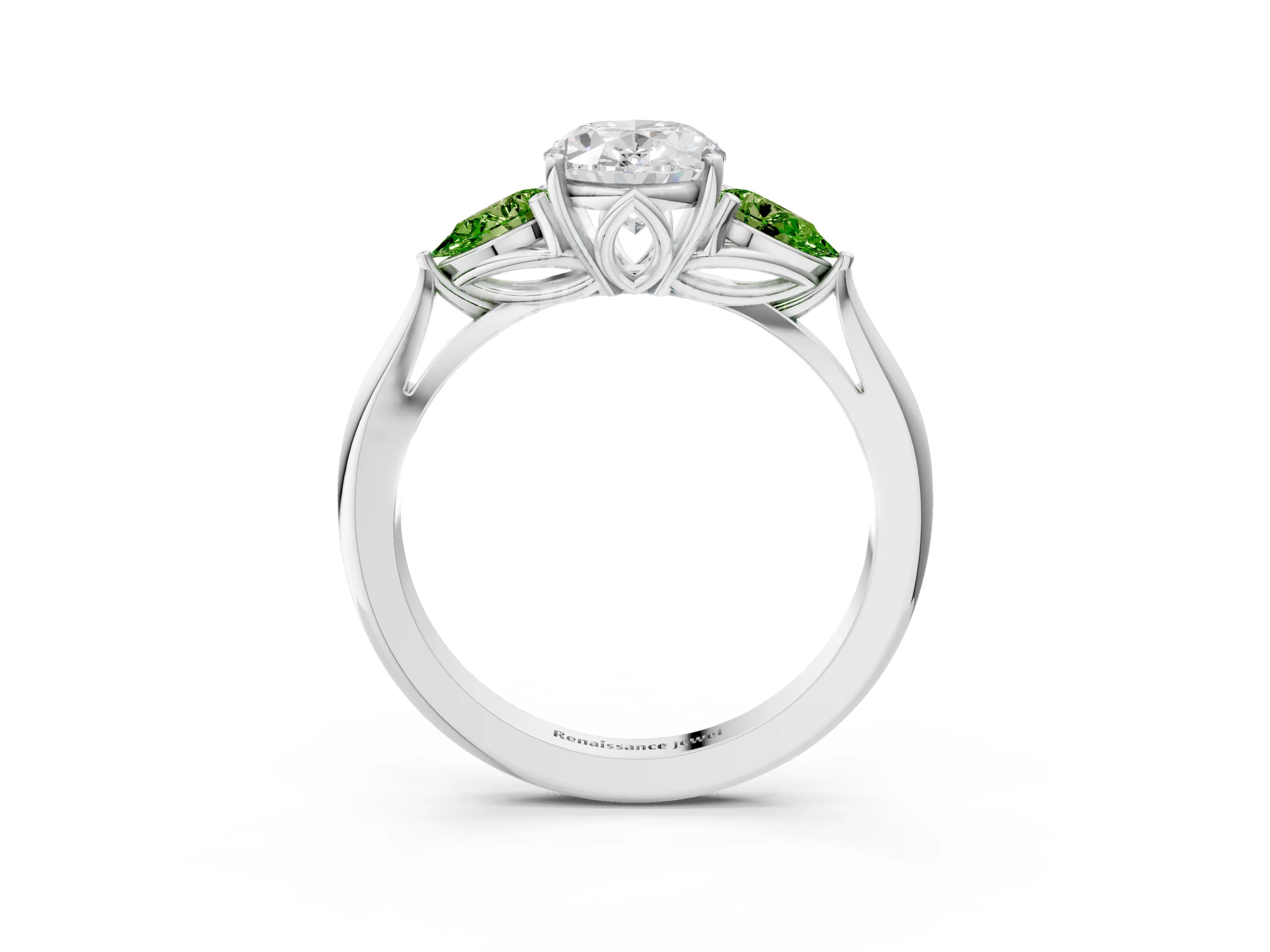 White gold Oval Cut Diamond Three-Stone Ring with Pear with Peridot side stone Side Stones and Prong Setting_21