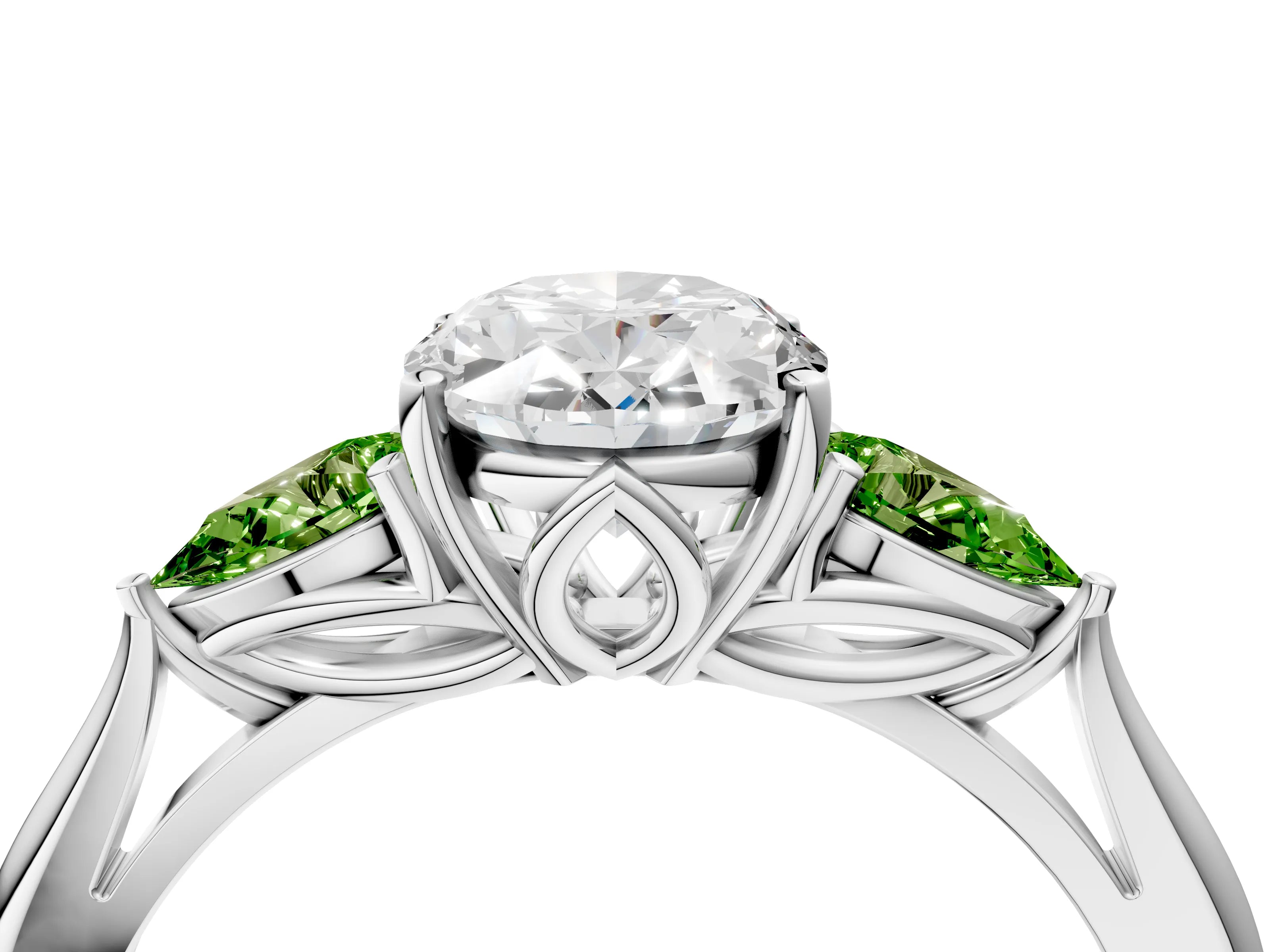 White gold Oval Cut Diamond Three-Stone Ring with Pear with Peridot side stone Side Stones and Prong Setting_22