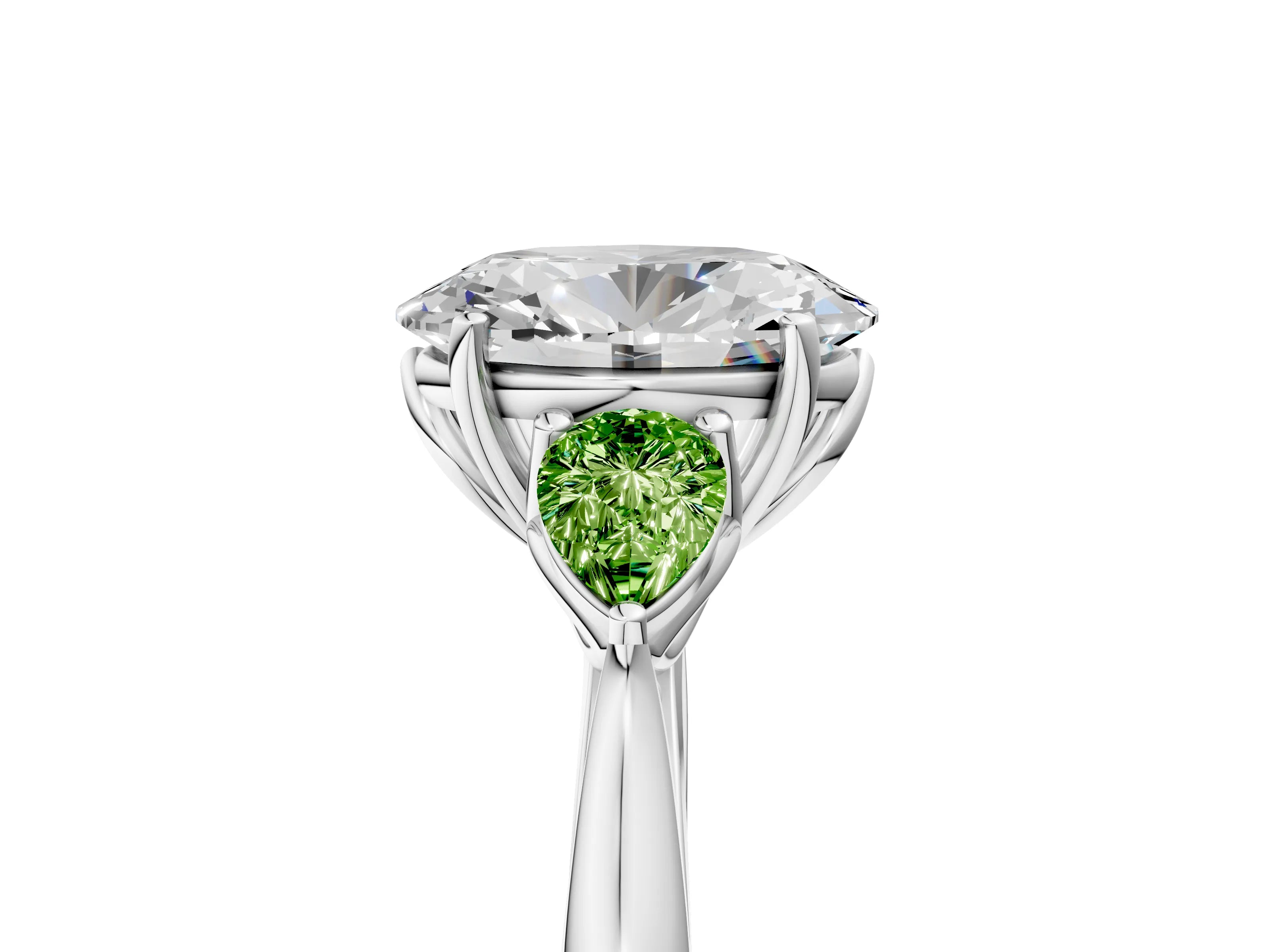 White gold Oval Cut Diamond Three-Stone Ring with Pear with Peridot side stone Side Stones and Prong Setting_23