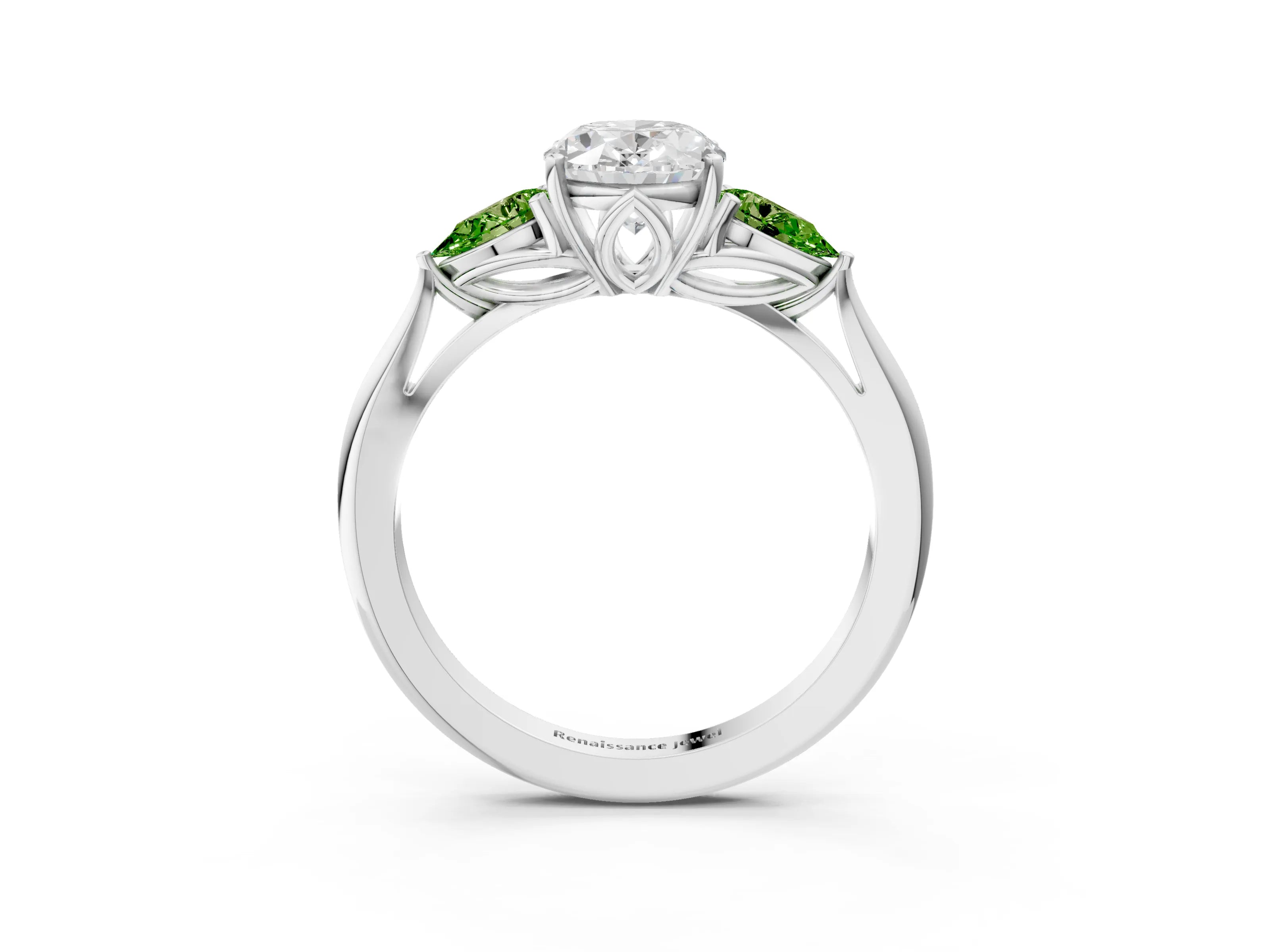 White gold Oval Cut Diamond Three-Stone Ring with Pear with Peridot side stone Side Stones and Prong Setting_3