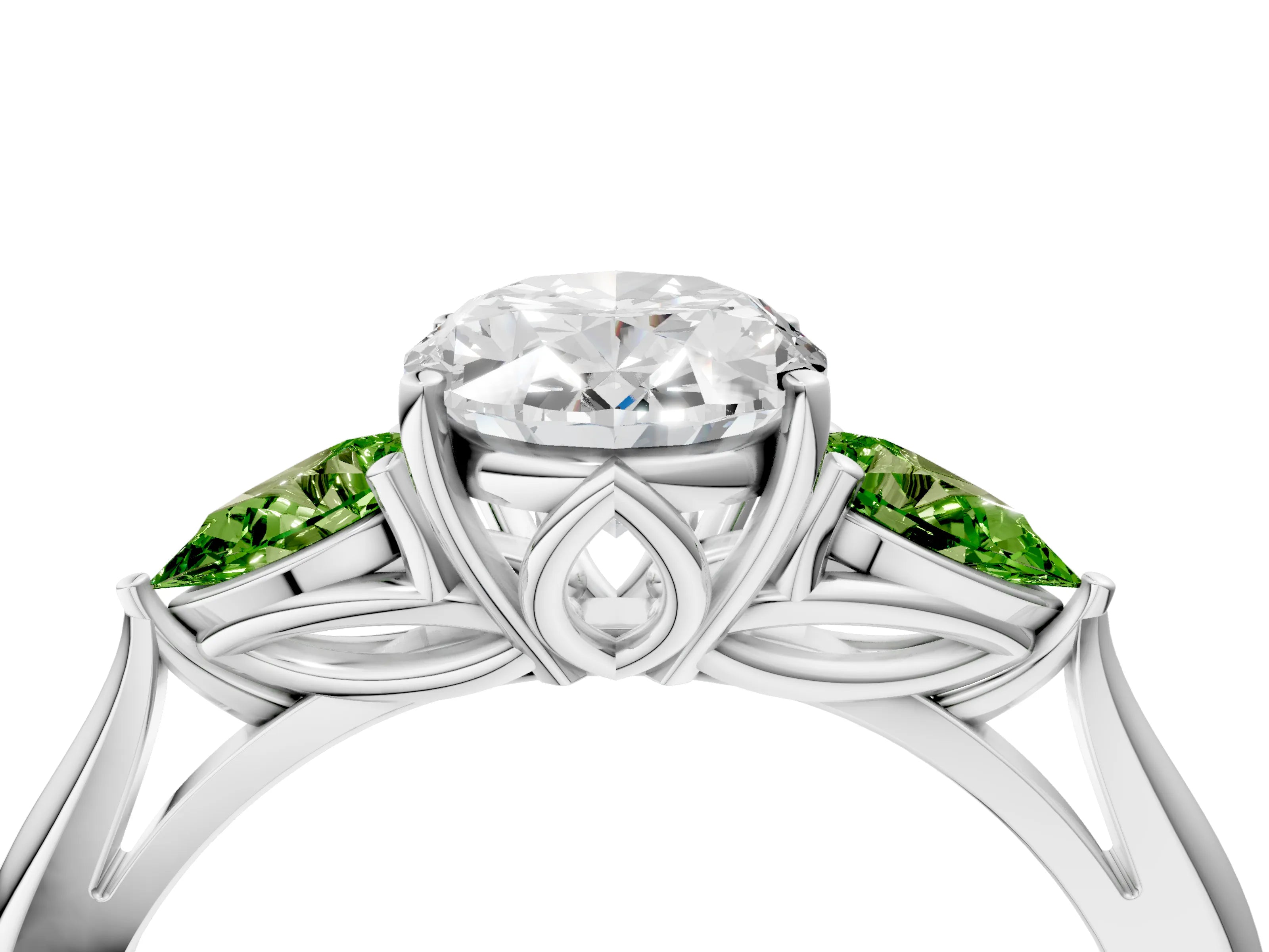White gold Oval Cut Diamond Three-Stone Ring with Pear with Peridot side stone Side Stones and Prong Setting_4