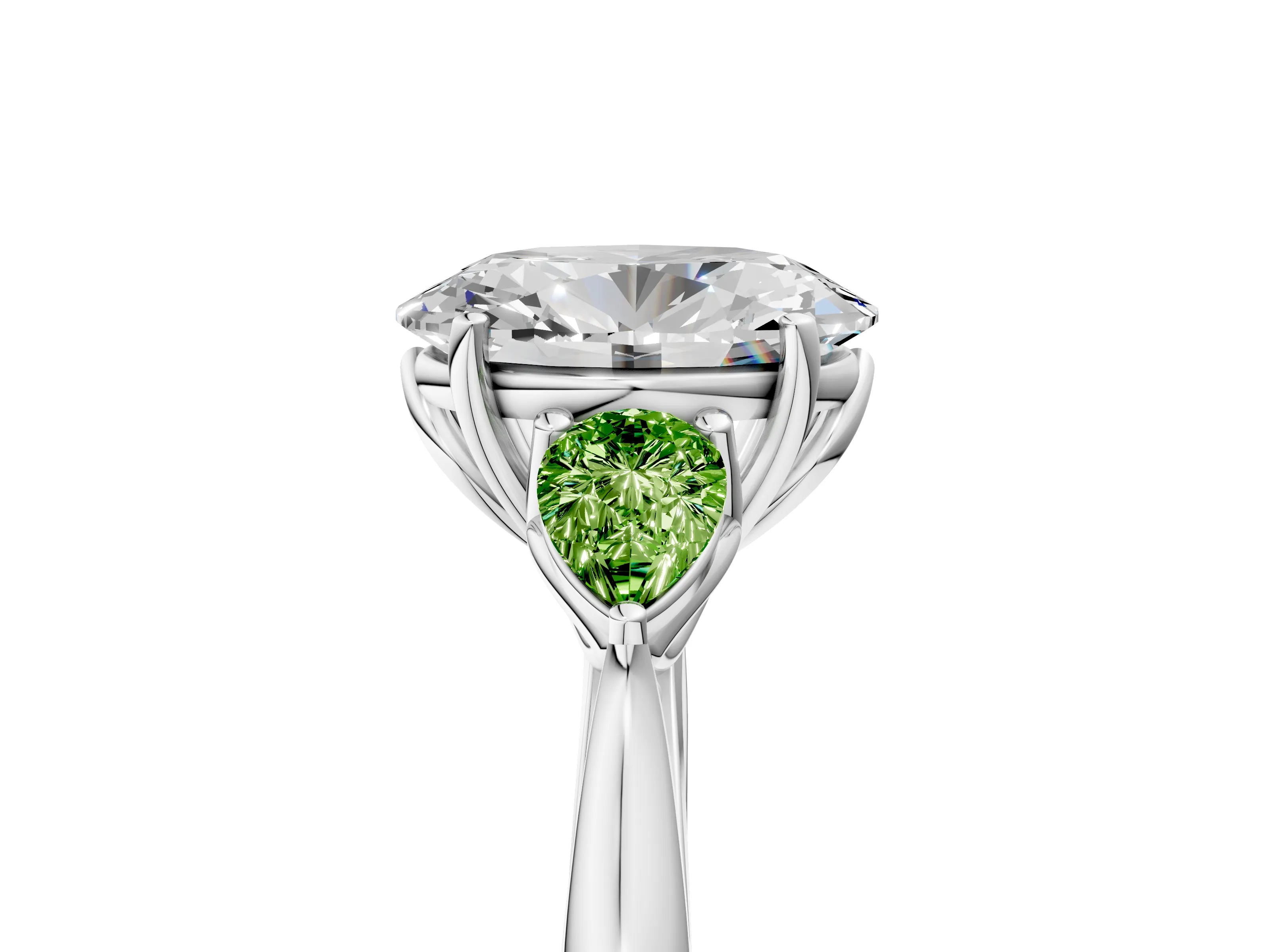 White gold Oval Cut Diamond Three-Stone Ring with Pear with Peridot side stone Side Stones and Prong Setting_5