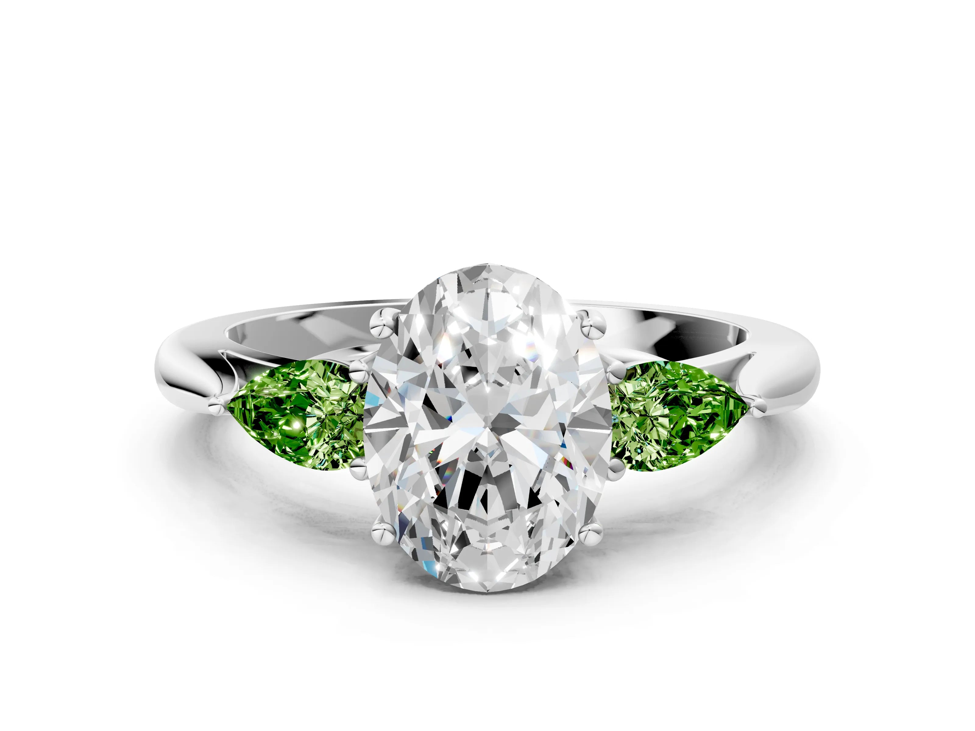 White gold Oval Cut Diamond Three-Stone Ring with Pear with Peridot side stone Side Stones and Prong Setting