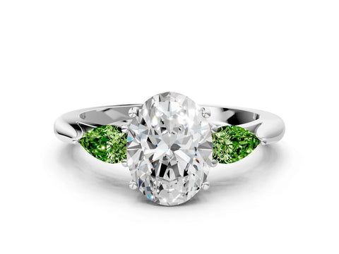 White gold Oval Cut Diamond Three-Stone Ring with Pear with Peridot side stone Side Stones and Prong Setting