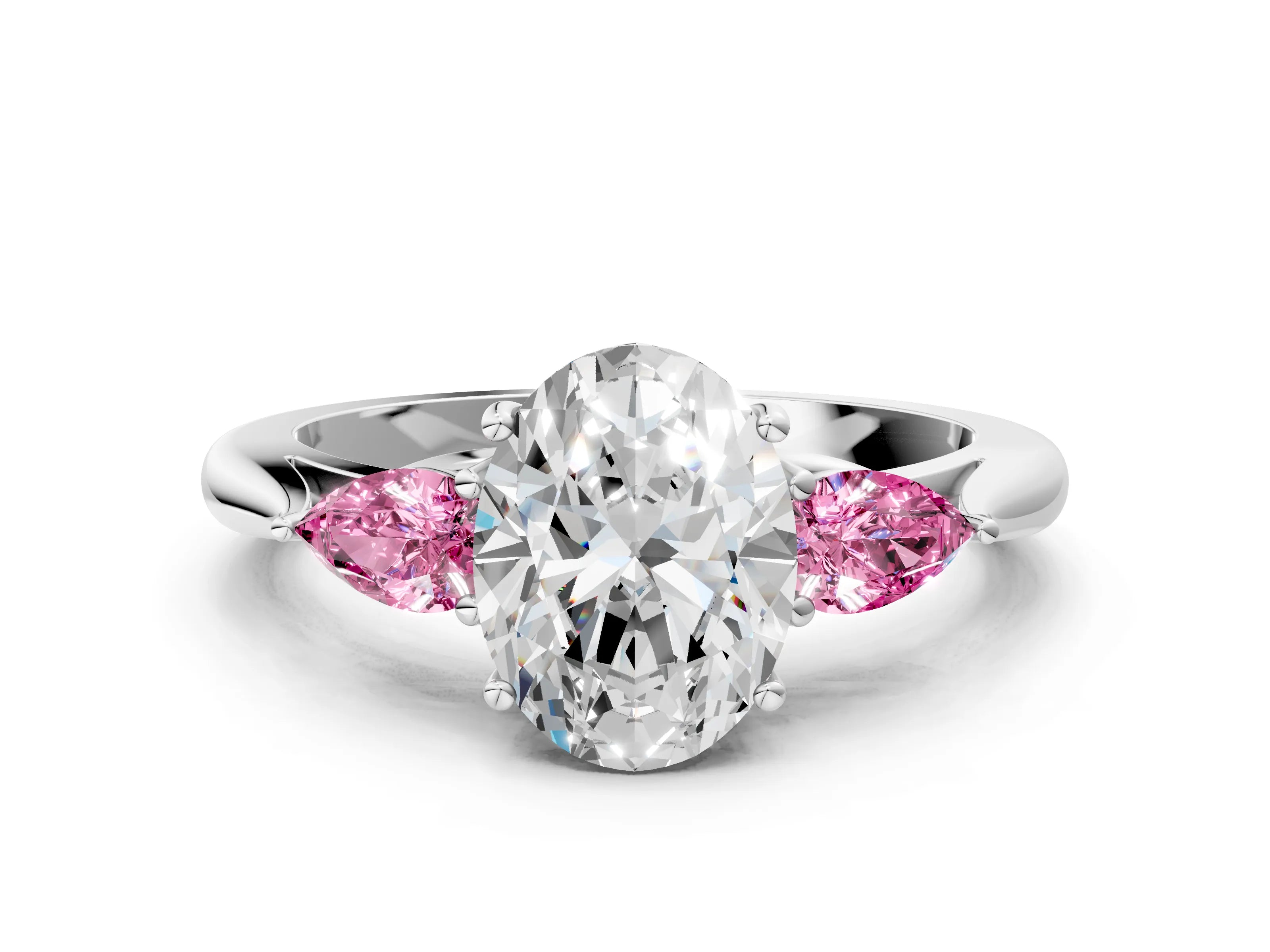 White gold Oval Cut Diamond Three-Stone Ring with Pear with Pink Sapphire side stone Side Stones and Prong Setting_36