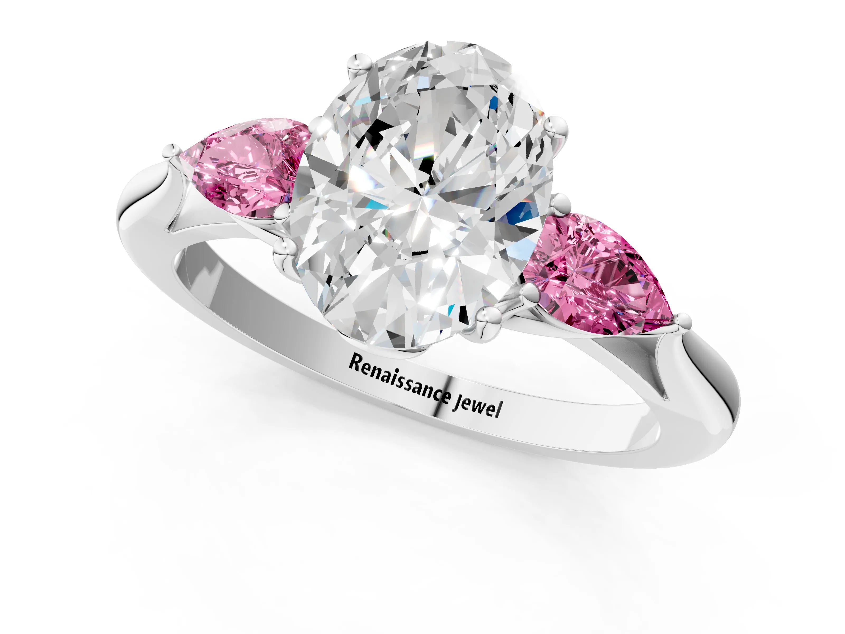 White gold Oval Cut Diamond Three-Stone Ring with Pear with Pink Sapphire side stone Side Stones and Prong Setting_37