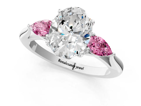White gold Oval Cut Diamond Three-Stone Ring with Pear with Pink Sapphire side stone Side Stones and Prong Setting_37
