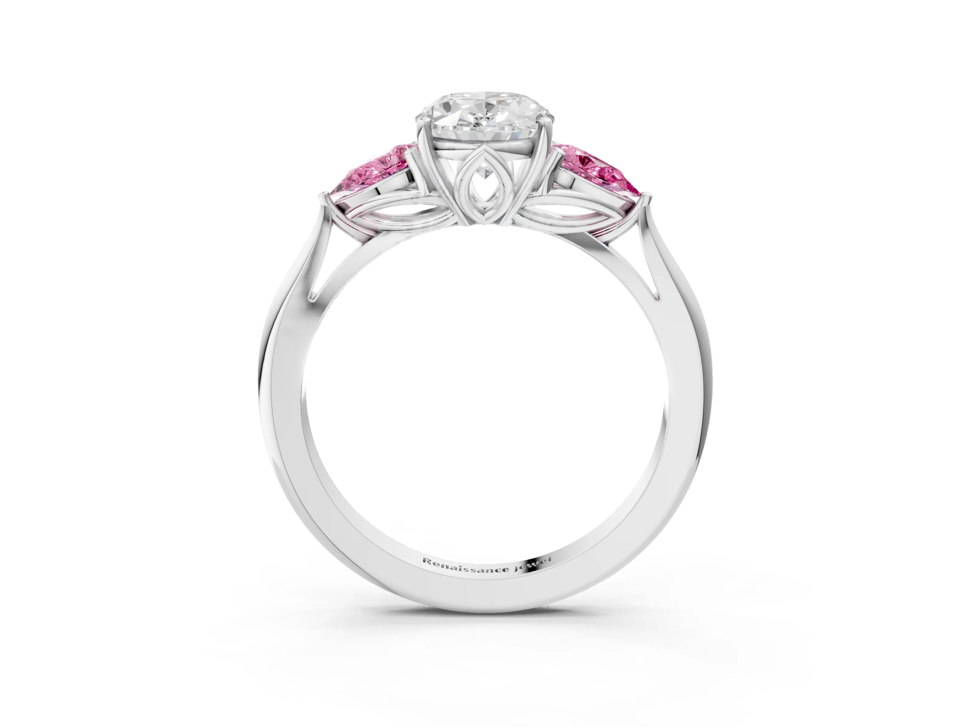 White gold Oval Cut Diamond Three-Stone Ring with Pear with Pink Sapphire side stone Side Stones and Prong Setting_39