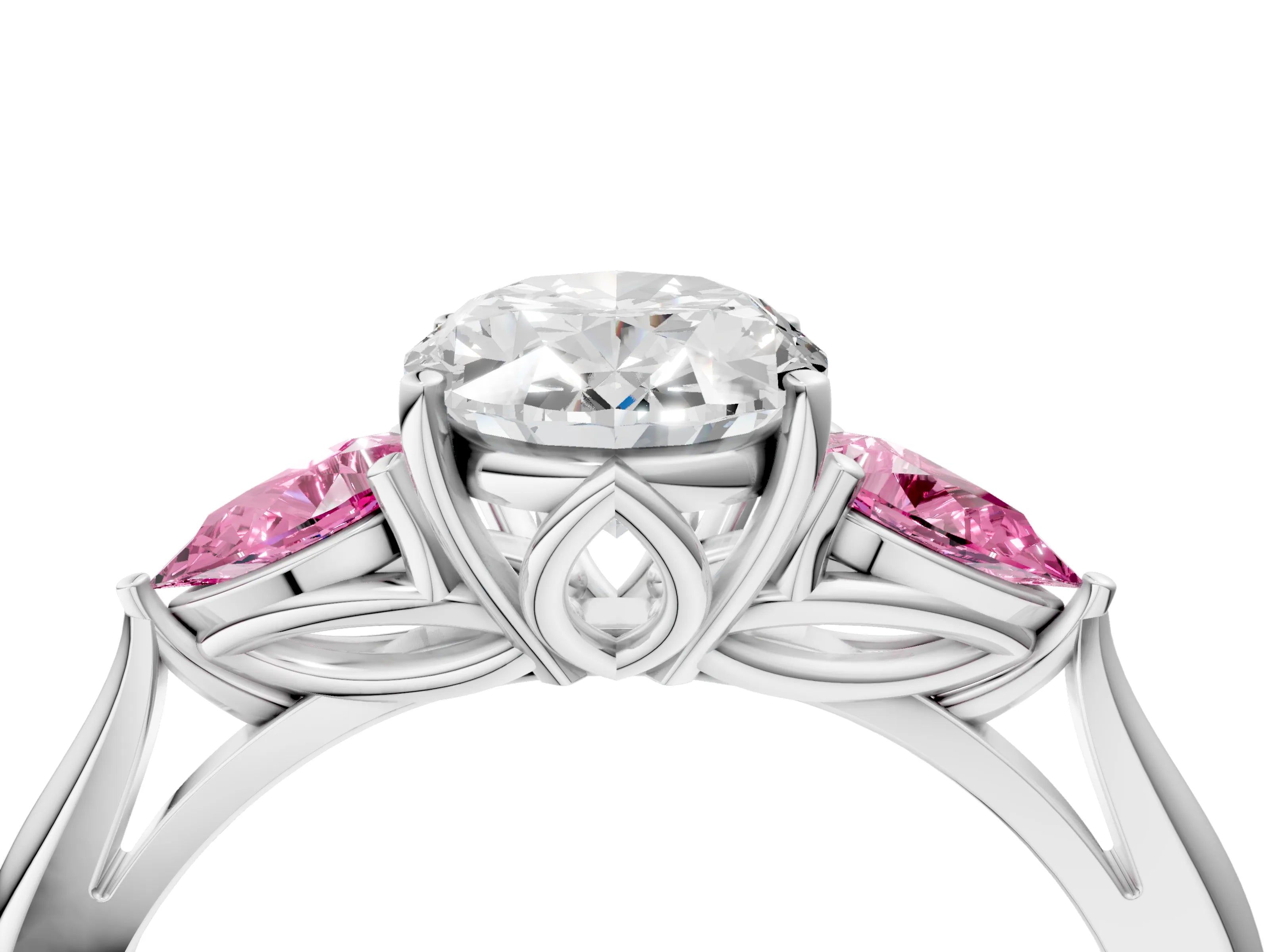 White gold Oval Cut Diamond Three-Stone Ring with Pear with Pink Sapphire side stone Side Stones and Prong Setting_40