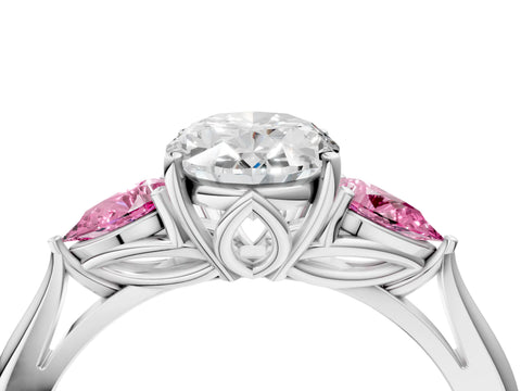 White gold Oval Cut Diamond Three-Stone Ring with Pear with Pink Sapphire side stone Side Stones and Prong Setting_40
