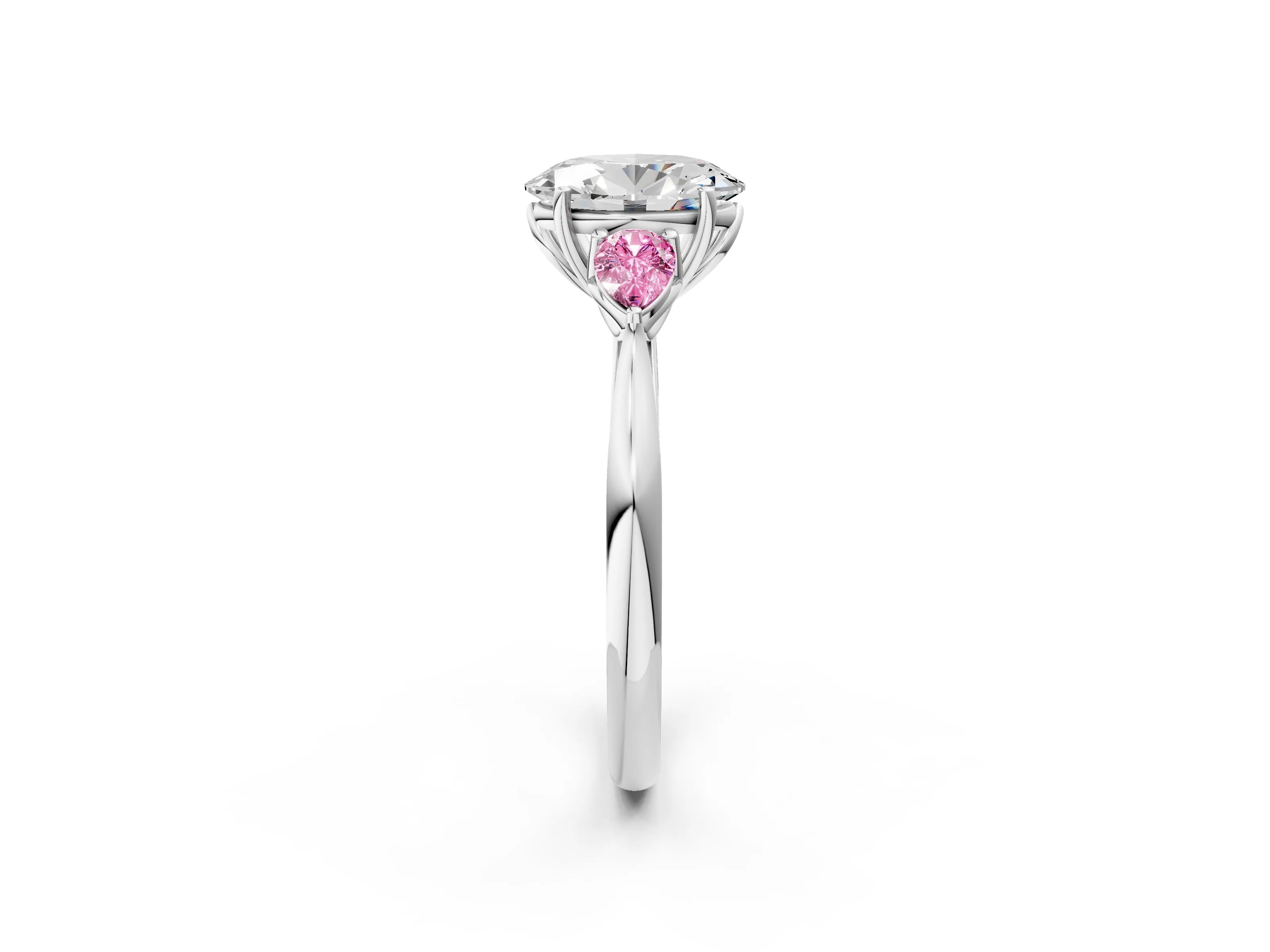 White gold Oval Cut Diamond Three-Stone Ring with Pear with Pink Sapphire side stone Side Stones and Prong Setting_50