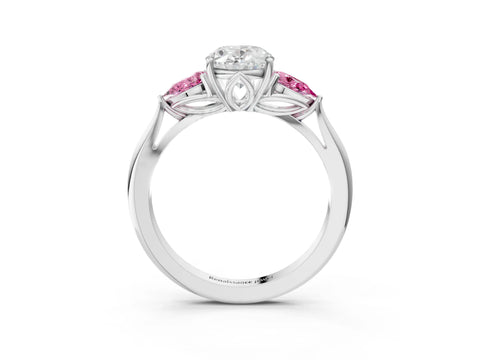 White gold Oval Cut Diamond Three-Stone Ring with Pear with Pink Sapphire side stone Side Stones and Prong Setting_51