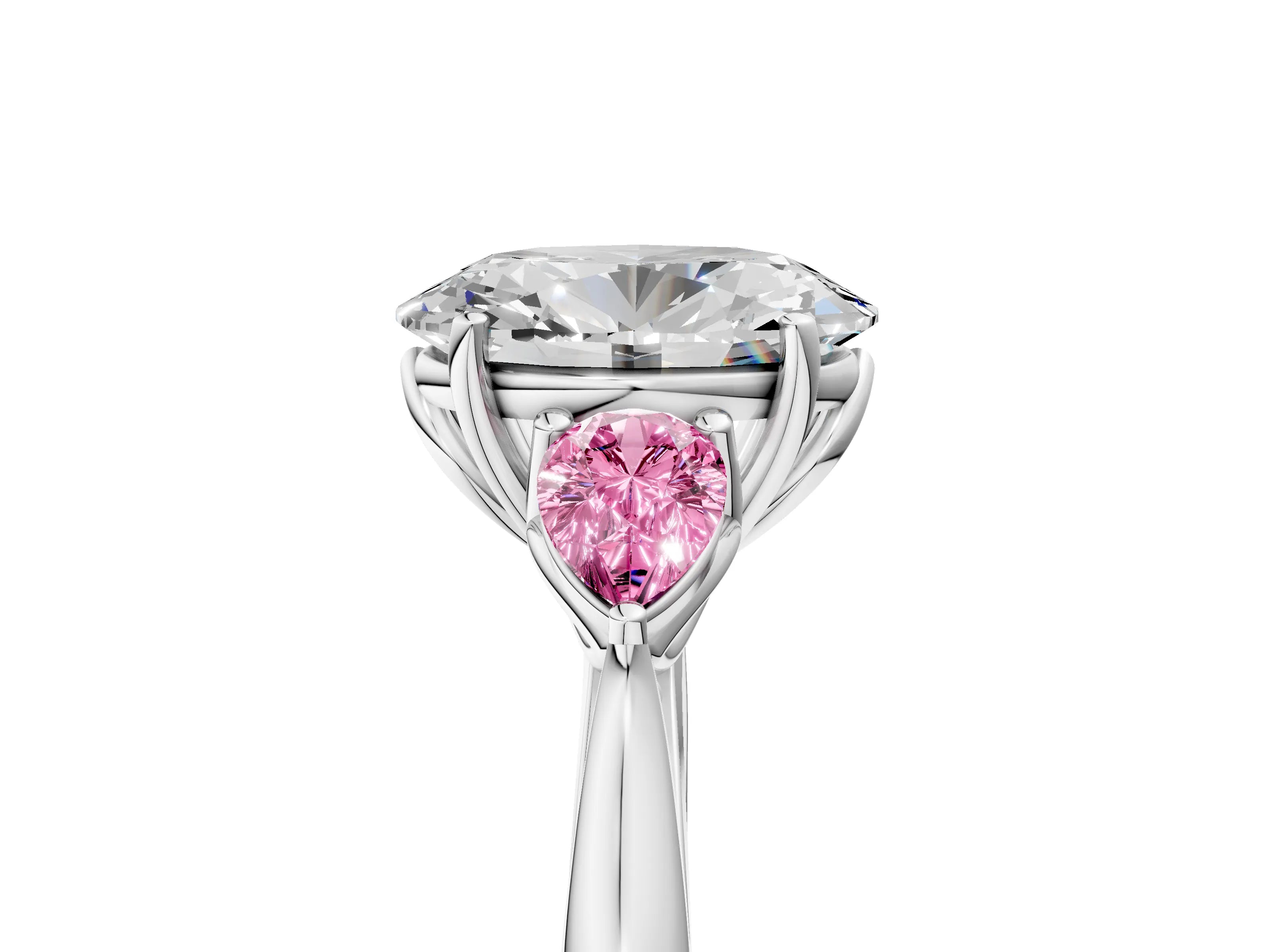 White gold Oval Cut Diamond Three-Stone Ring with Pear with Pink Sapphire side stone Side Stones and Prong Setting_53
