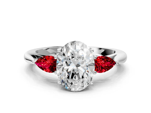 White gold Oval Cut Diamond Three-Stone Ring with Pear with Ruby side stone Side Stones and Prong Setting_12