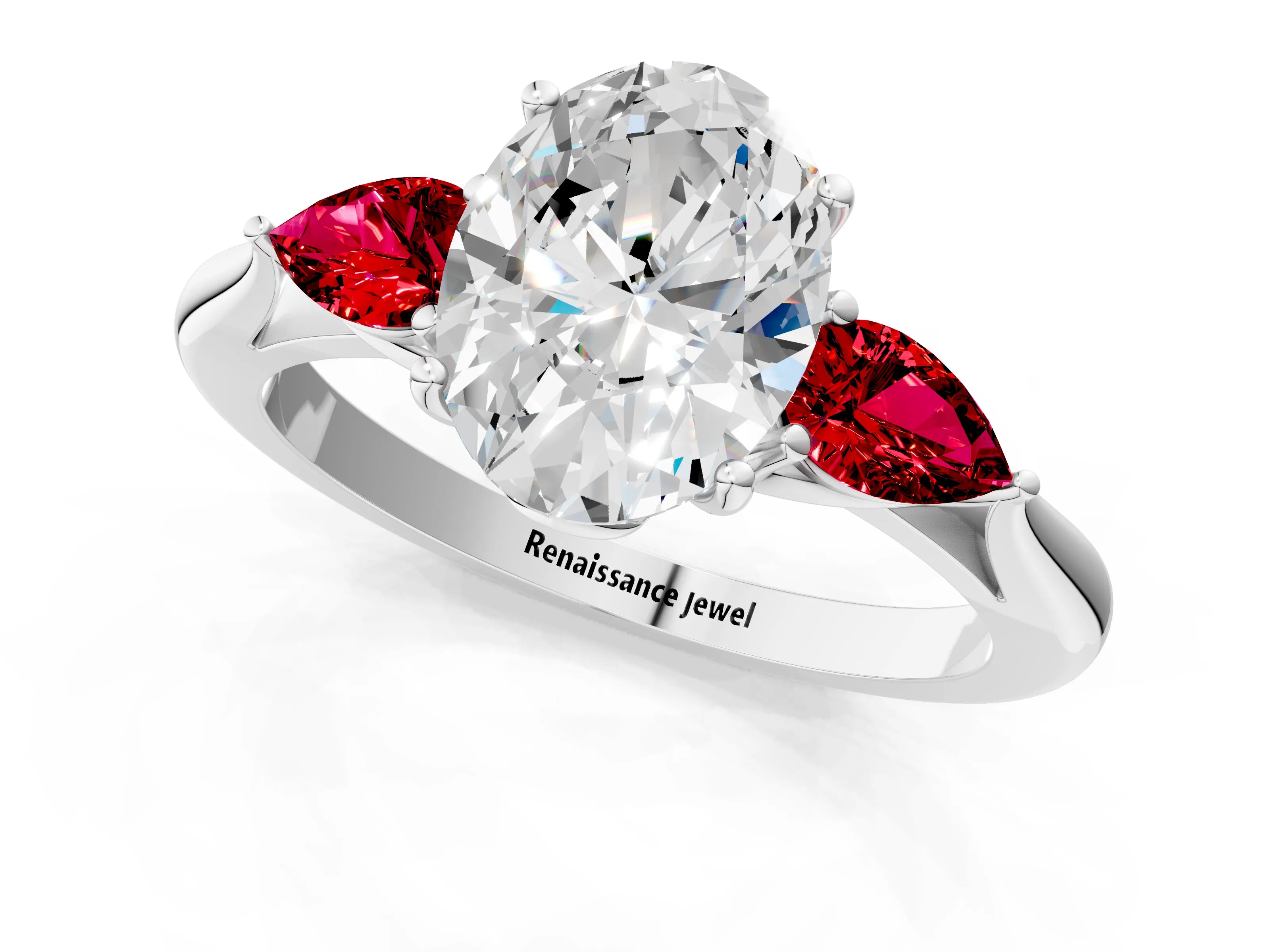 White gold Oval Cut Diamond Three-Stone Ring with Pear with Ruby side stone Side Stones and Prong Setting_13