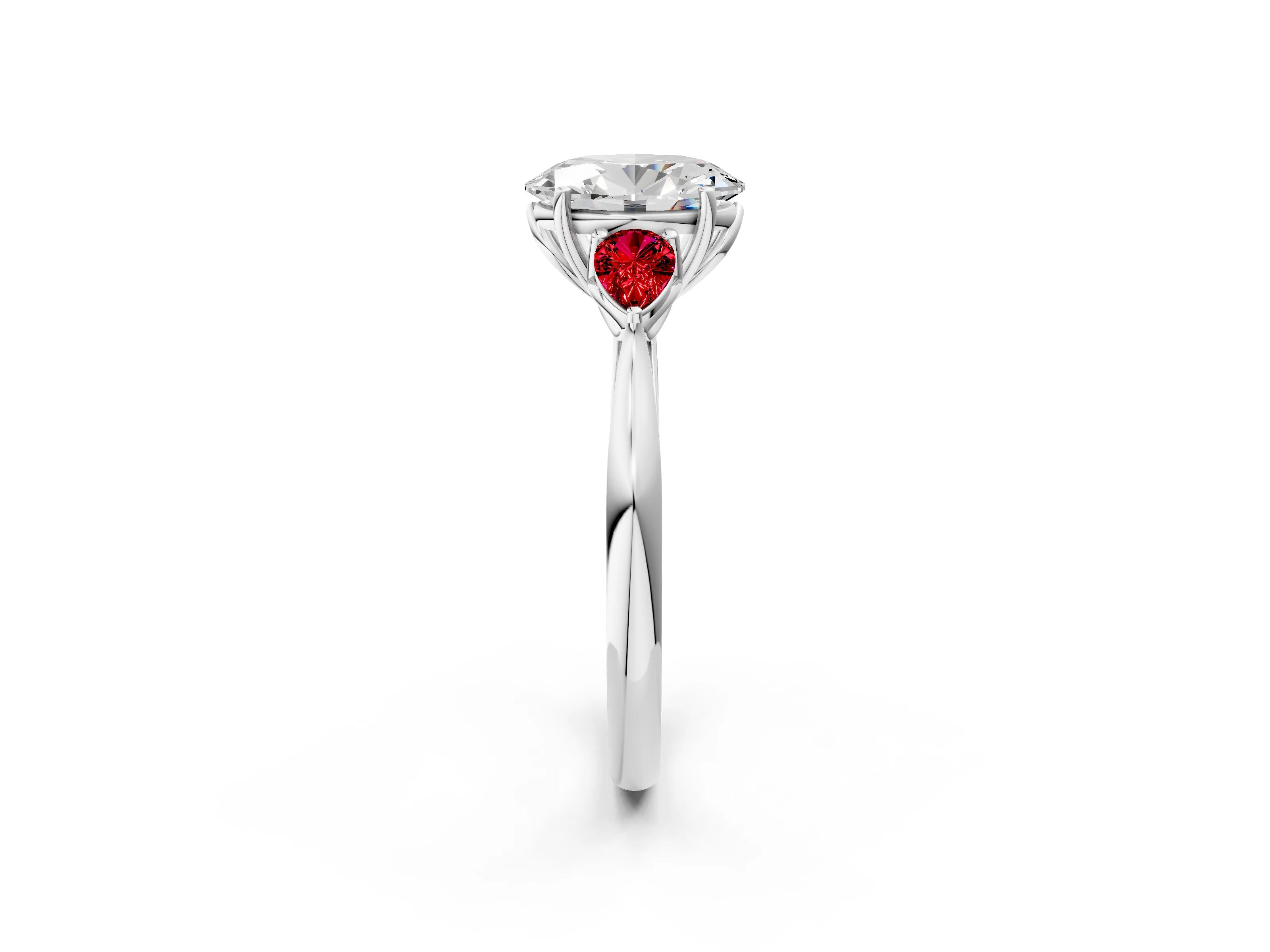 White gold Oval Cut Diamond Three-Stone Ring with Pear with Ruby side stone Side Stones and Prong Setting_14