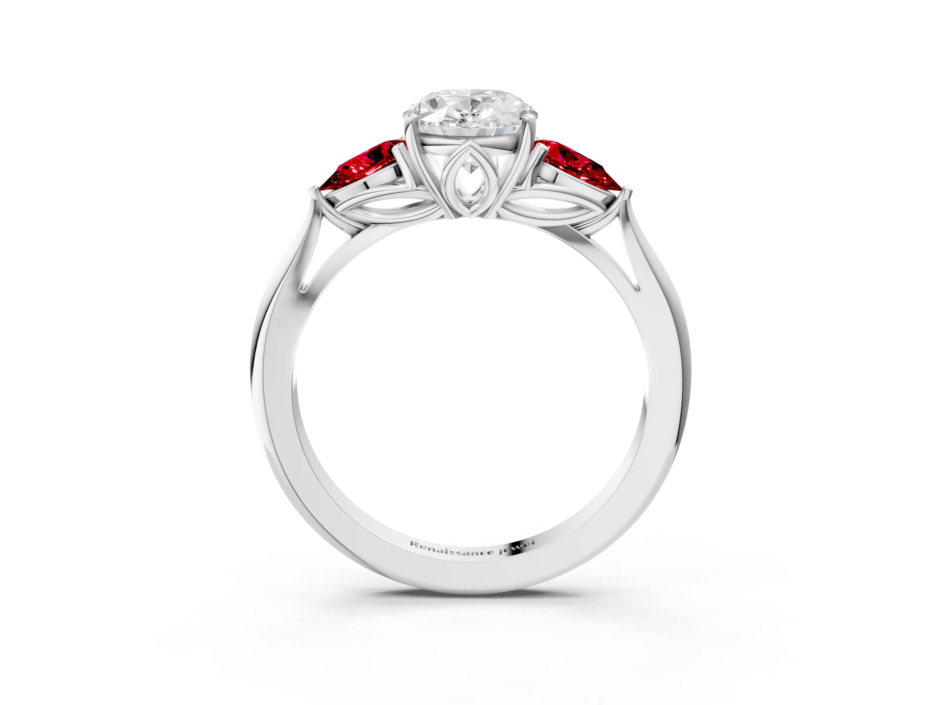 White gold Oval Cut Diamond Three-Stone Ring with Pear with Ruby side stone Side Stones and Prong Setting_15