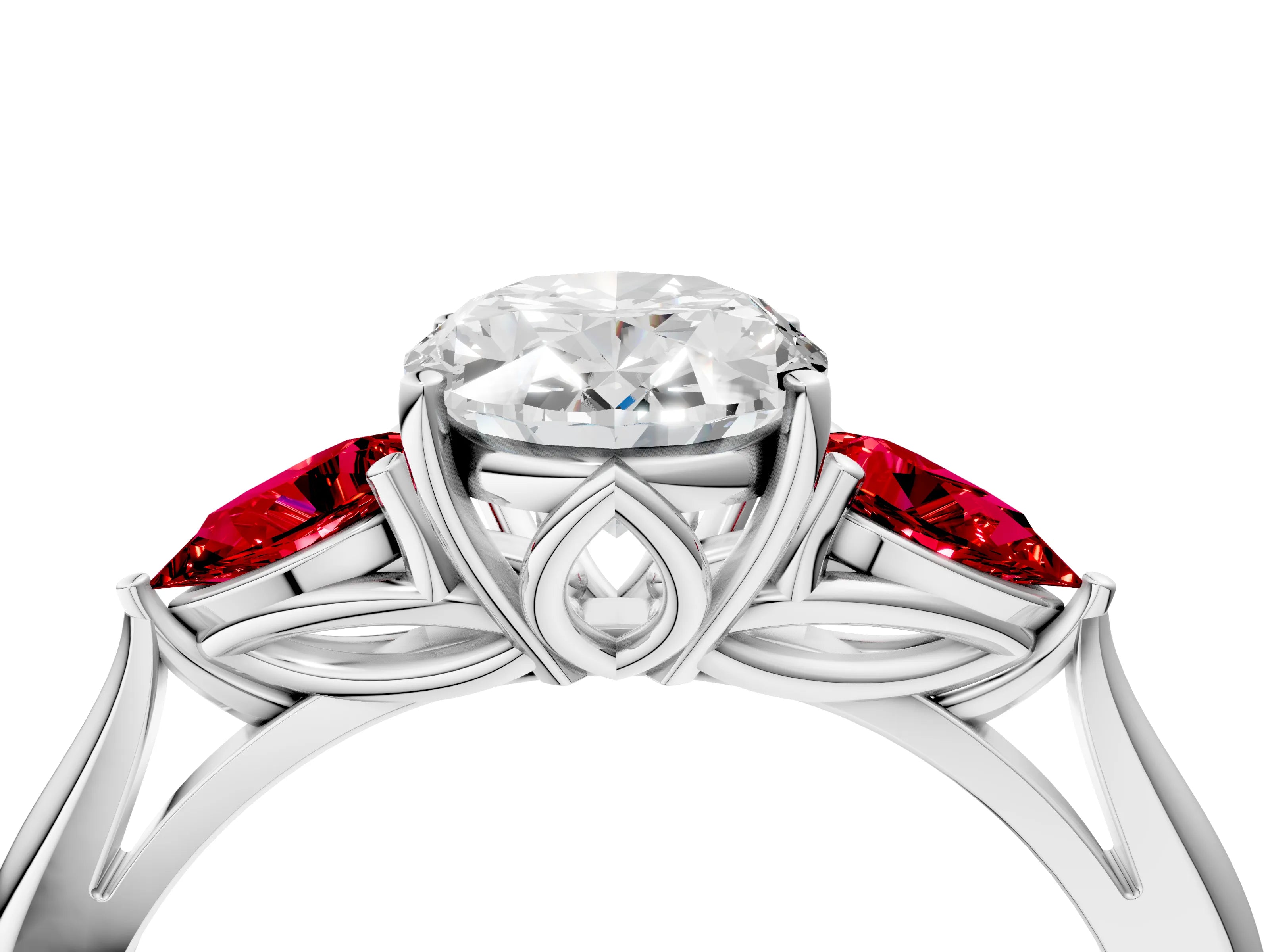 White gold Oval Cut Diamond Three-Stone Ring with Pear with Ruby side stone Side Stones and Prong Setting_16