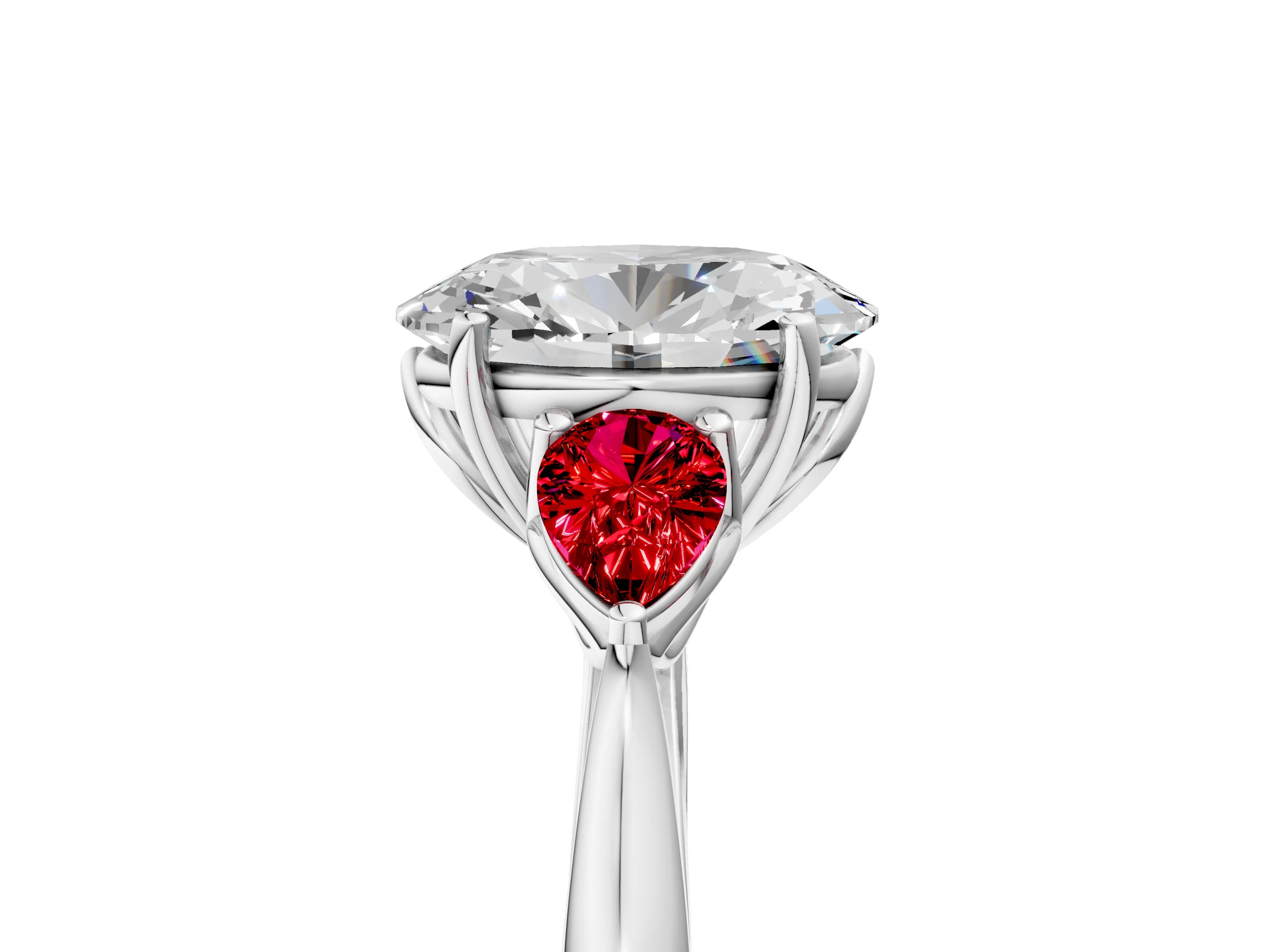 White gold Oval Cut Diamond Three-Stone Ring with Pear with Ruby side stone Side Stones and Prong Setting_17