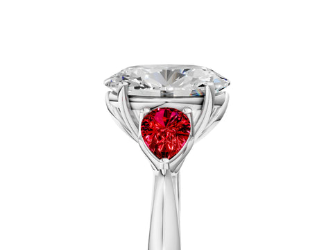White gold Oval Cut Diamond Three-Stone Ring with Pear with Ruby side stone Side Stones and Prong Setting_17