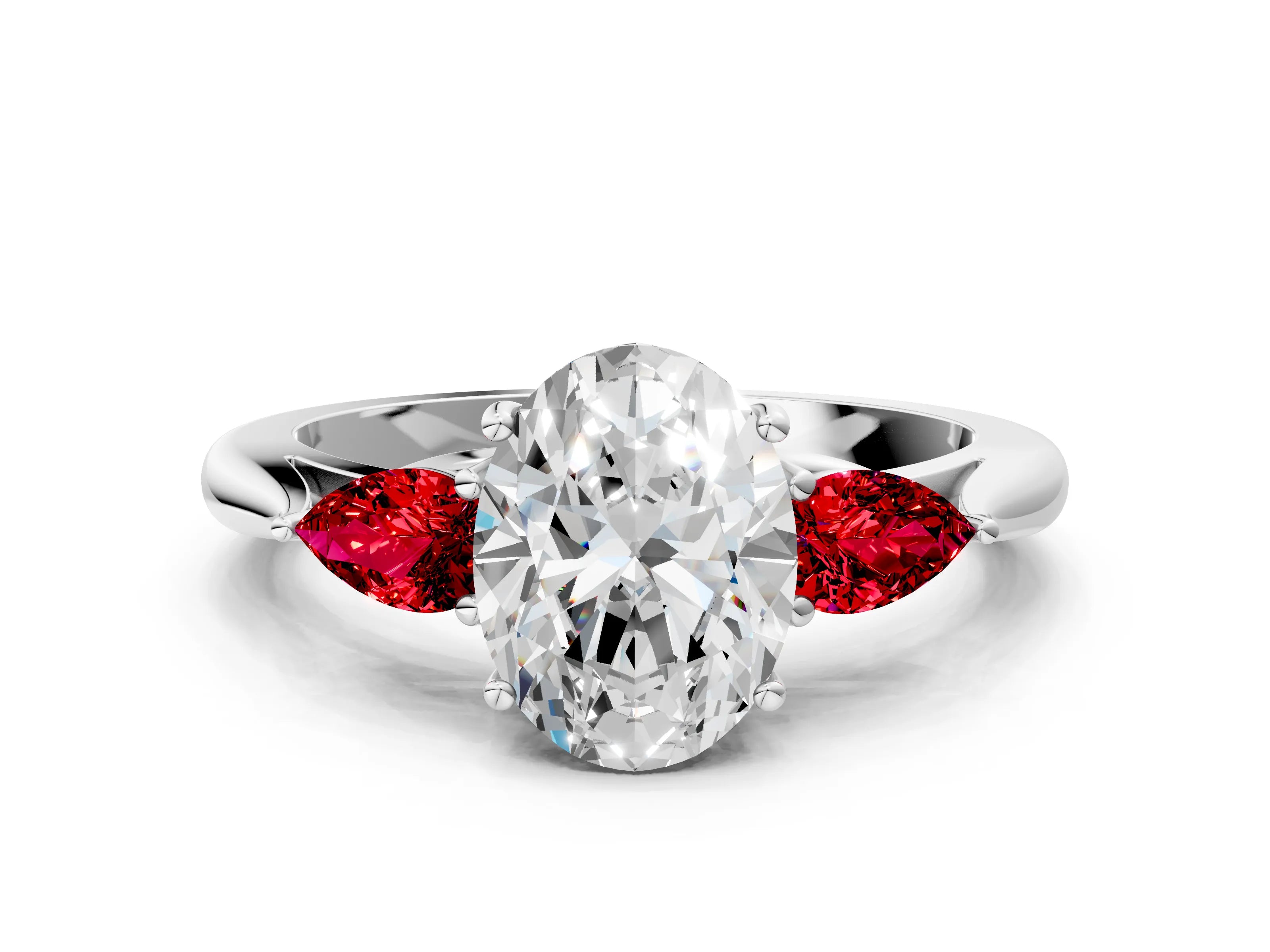 White gold Oval Cut Diamond Three-Stone Ring with Pear with Ruby side stone Side Stones and Prong Setting_24