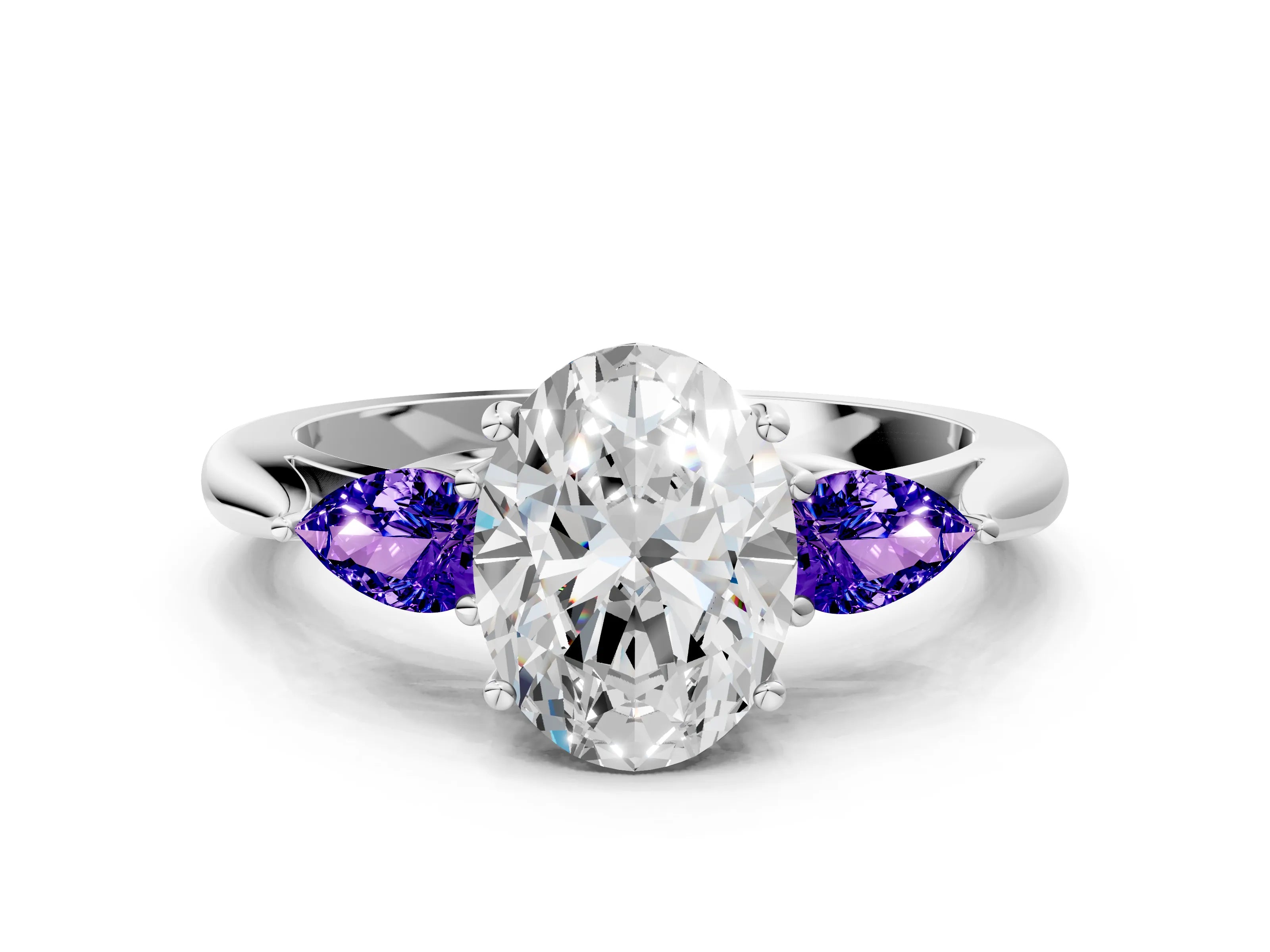 White gold Oval Cut Diamond Three-Stone Ring with Pear with Tanzanite side stone Side Stones and Prong Setting_24