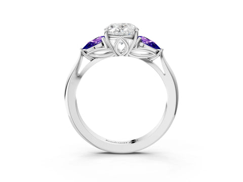 White gold Oval Cut Diamond Three-Stone Ring with Pear with Tanzanite side stone Side Stones and Prong Setting_27